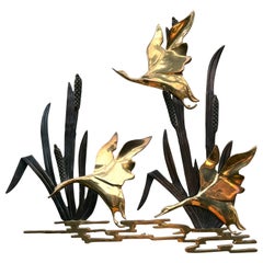 Metal Artwork with Birds and Reeds