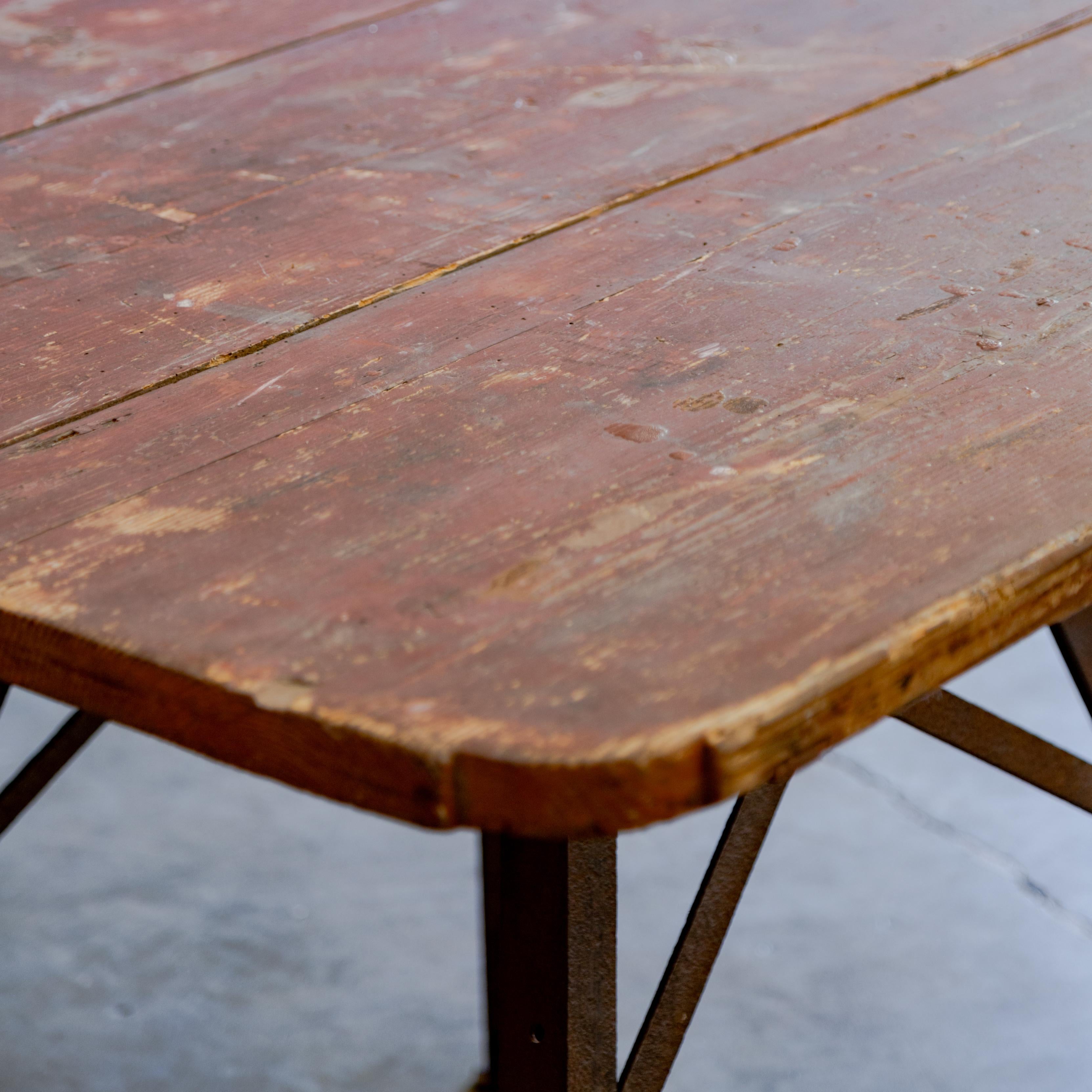 20th Century Metal Base + Painted Wood Top Industrial Table For Sale