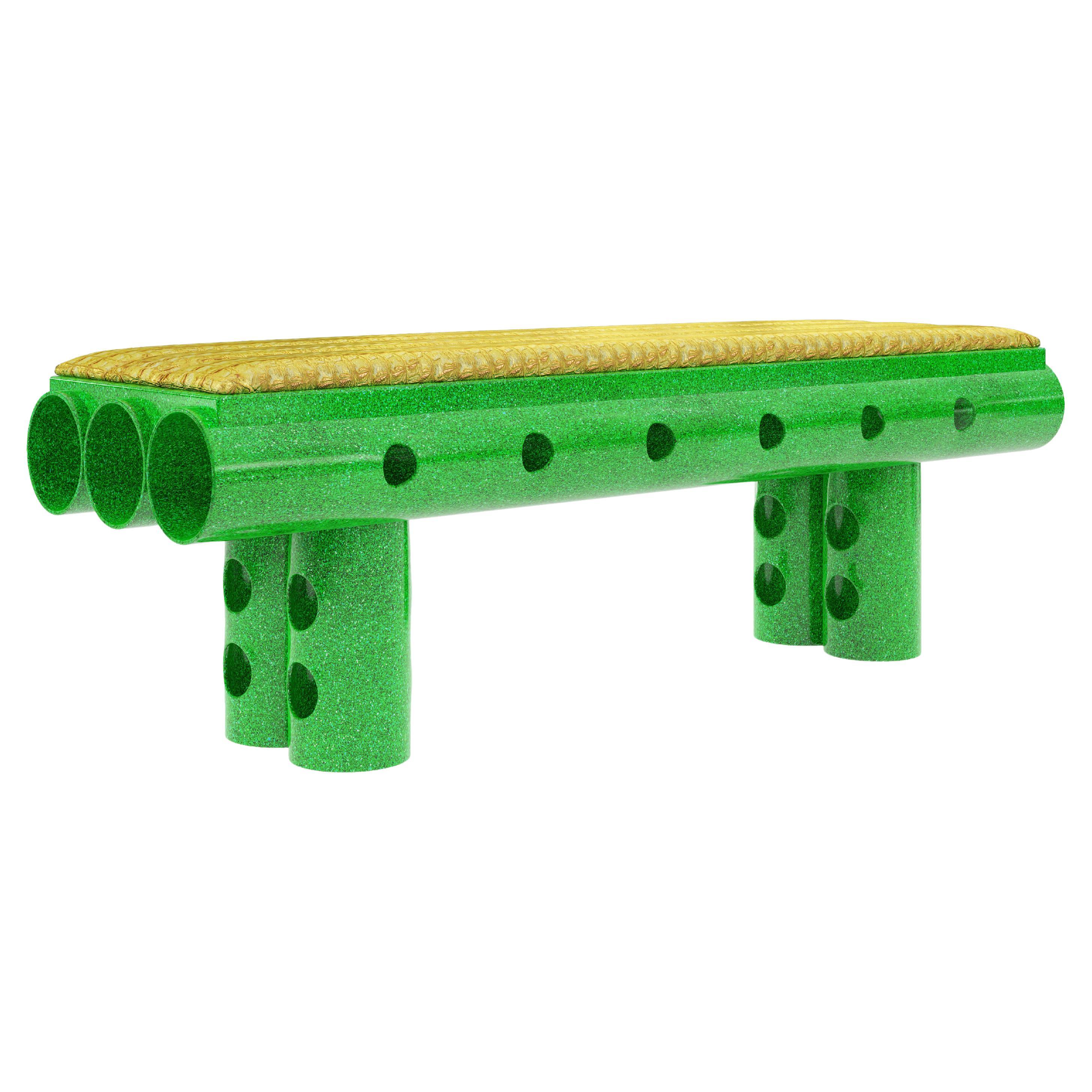 Bench In Green Metallic Paint and Gold Crocodile Leather Seat For Sale