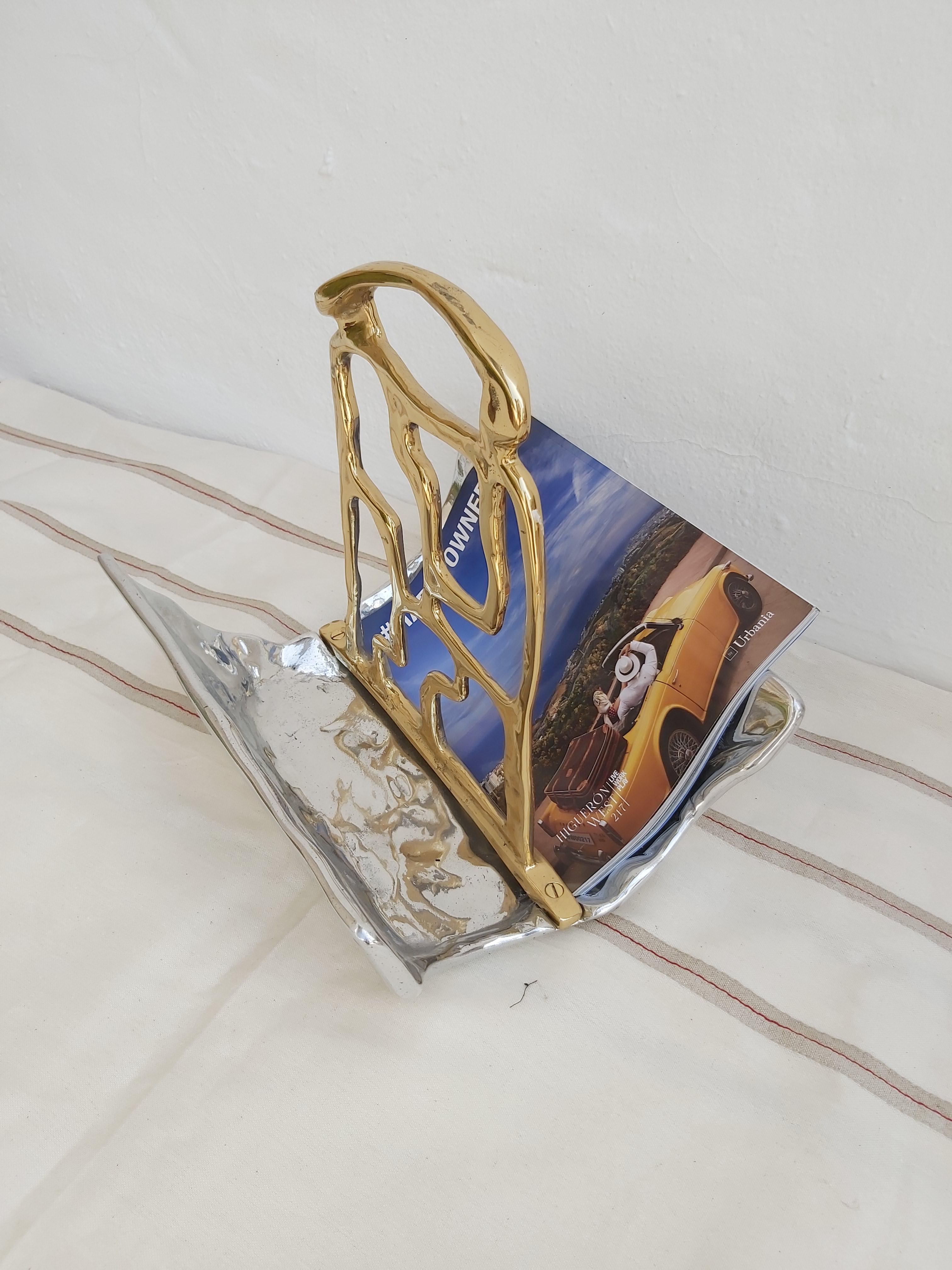 Spanish Metal Brutalist Magazine Rack Solid Cast Brass and Aluminium Handmade in Spain For Sale