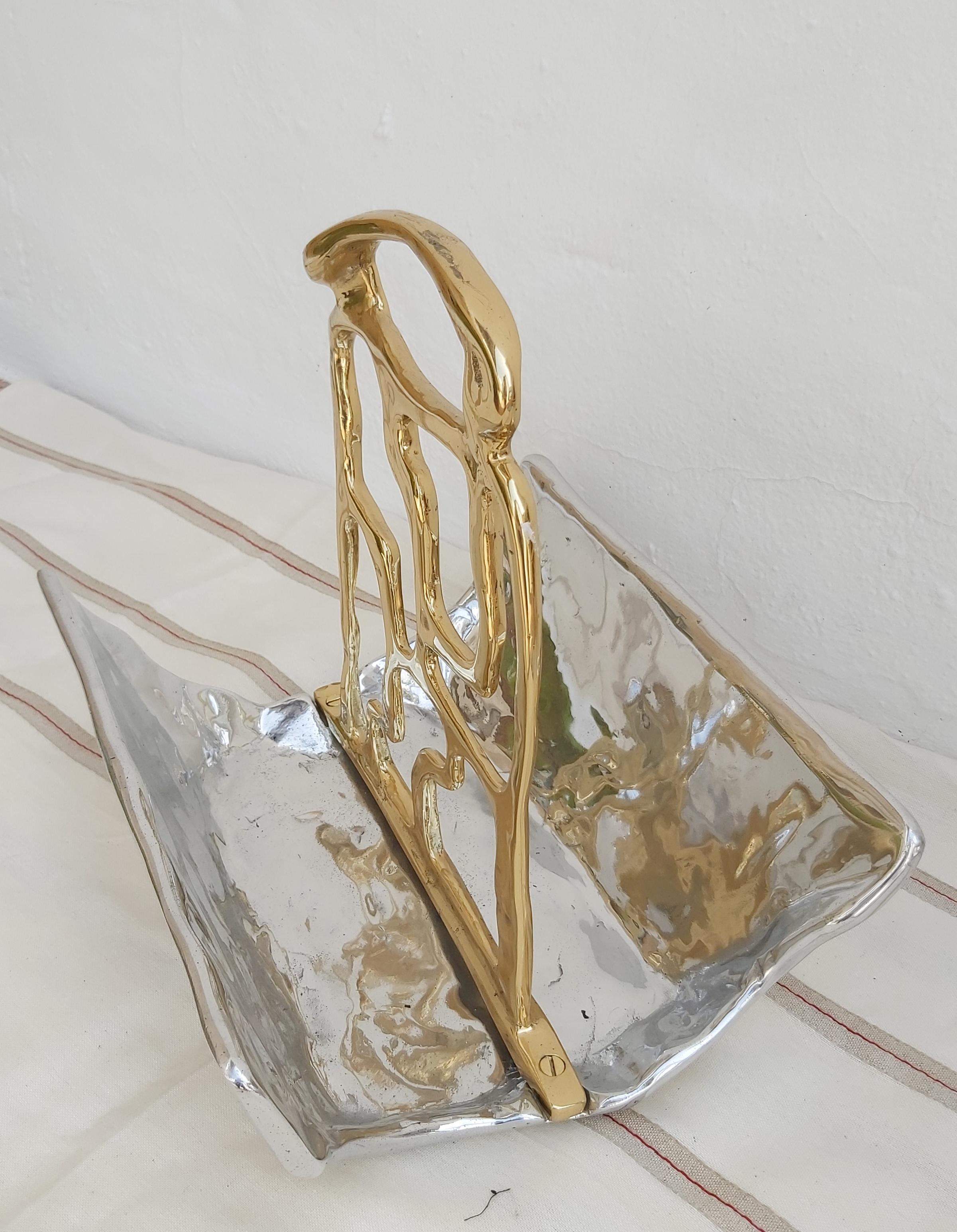 Contemporary Metal Brutalist Magazine Rack Solid Cast Brass and Aluminium Handmade in Spain For Sale