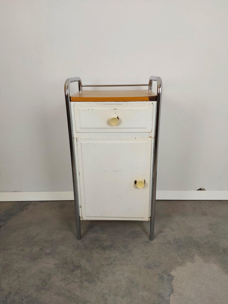 Mid-Century Modern Metal Cabinet, 1970s Back Wheels For Sale