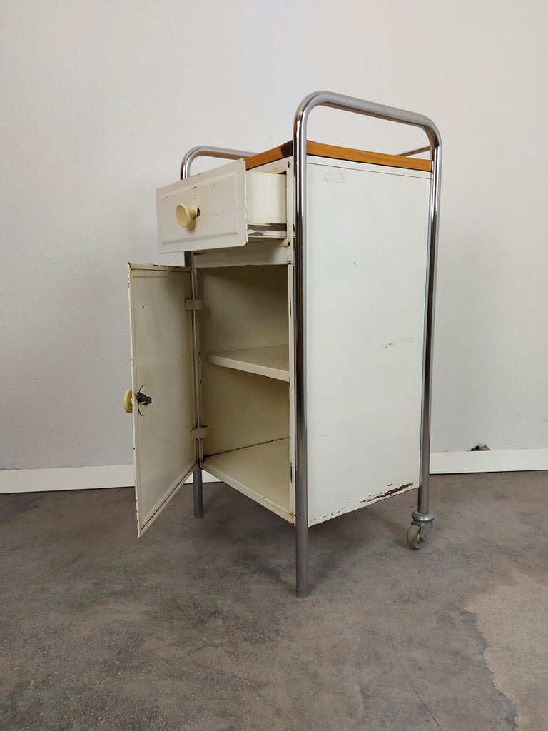 Late 20th Century Metal Cabinet, 1970s Back Wheels For Sale