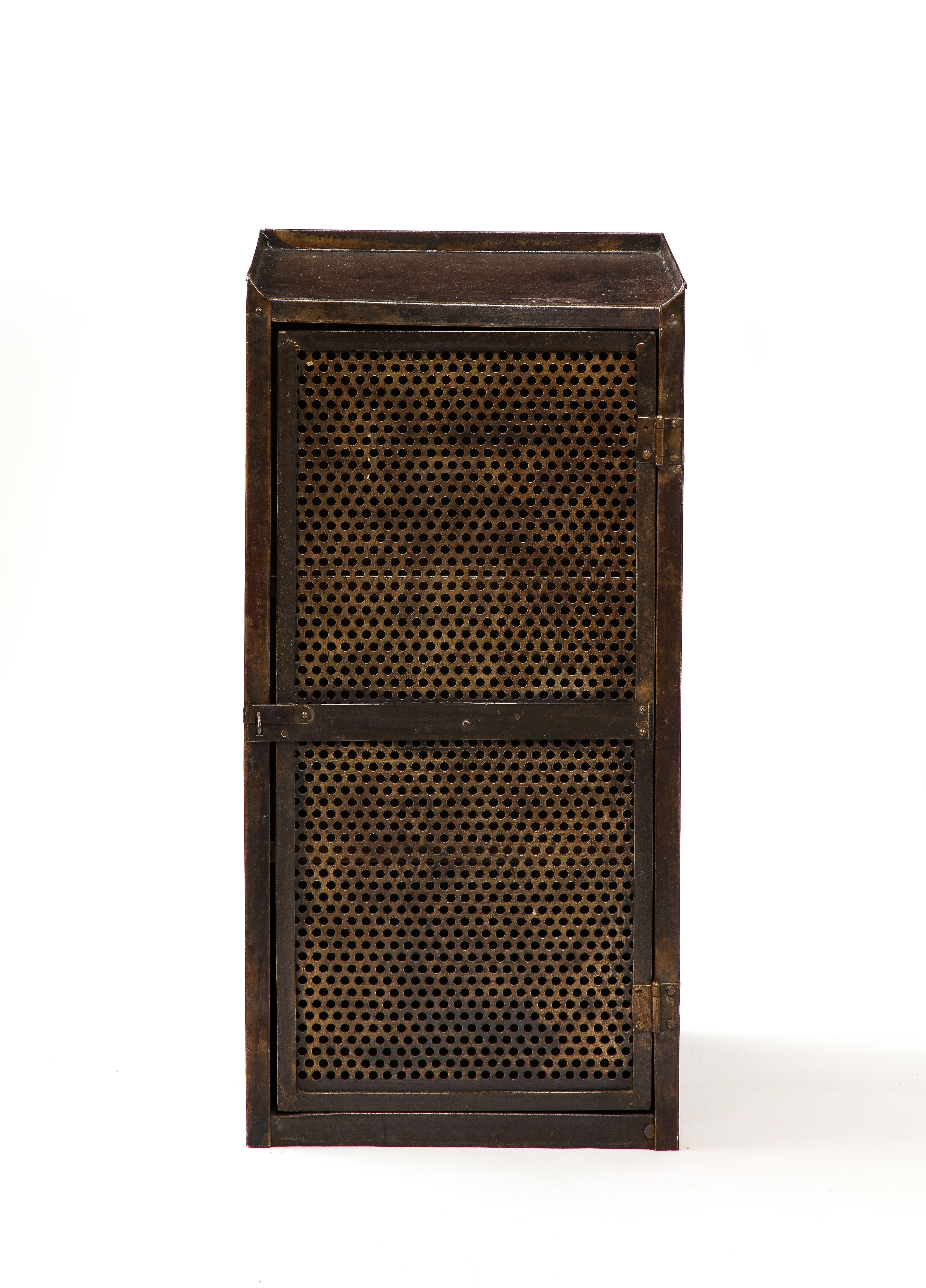 Metal cabinet with a swing latch, showcasing a mesh door and two interior shelves.