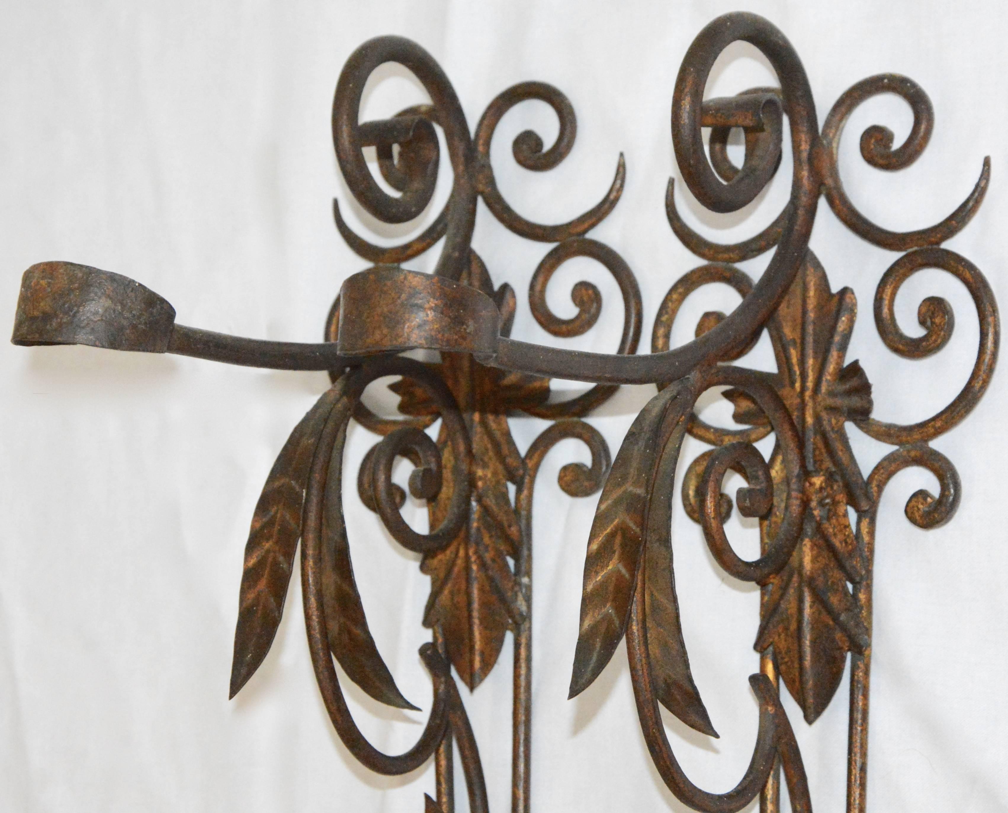 Arts and Crafts Metal Candleholder Wall Sconces with Foliate and Scrolls For Sale