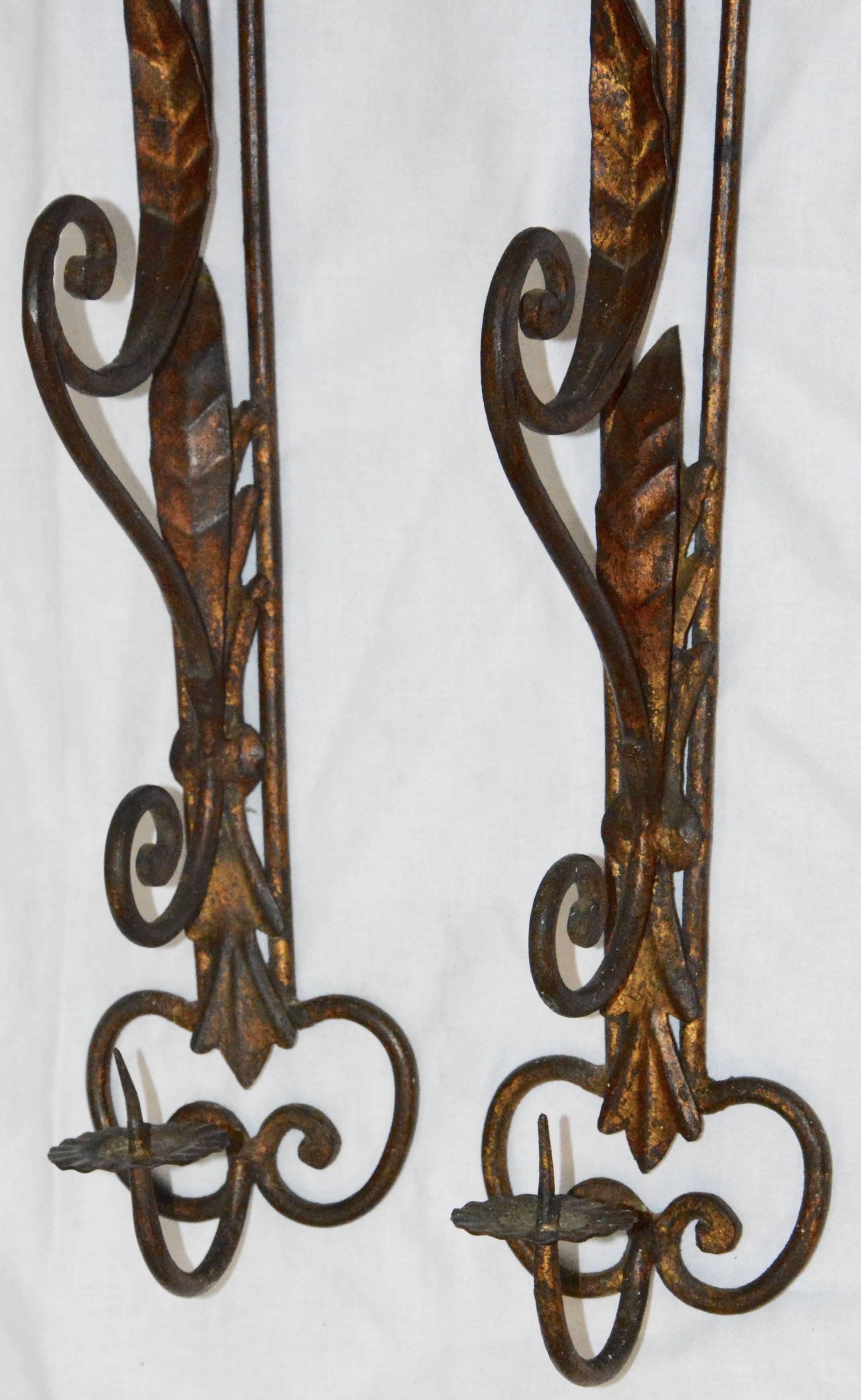 American Metal Candleholder Wall Sconces with Foliate and Scrolls For Sale