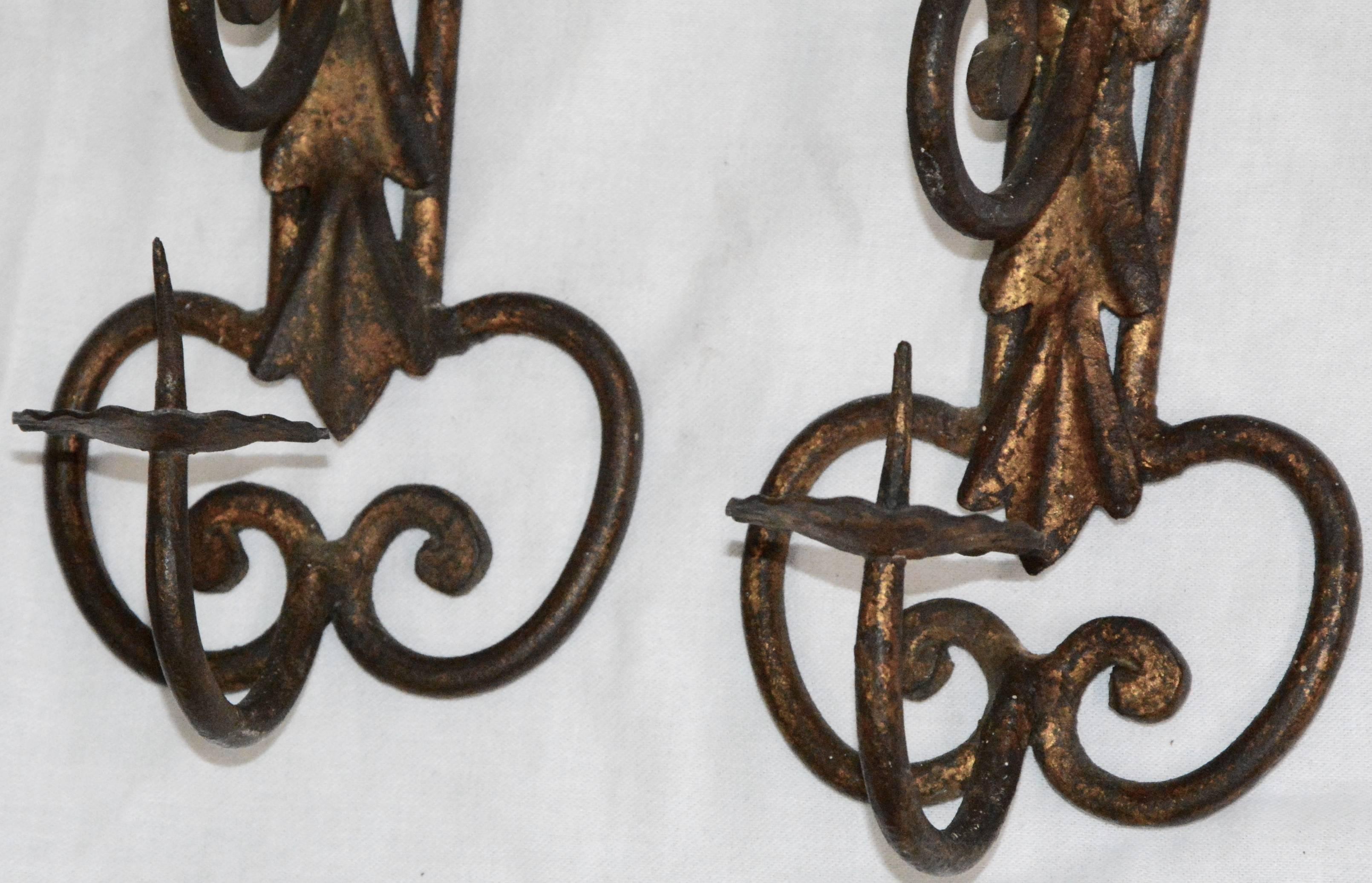 Hand-Crafted Metal Candleholder Wall Sconces with Foliate and Scrolls For Sale