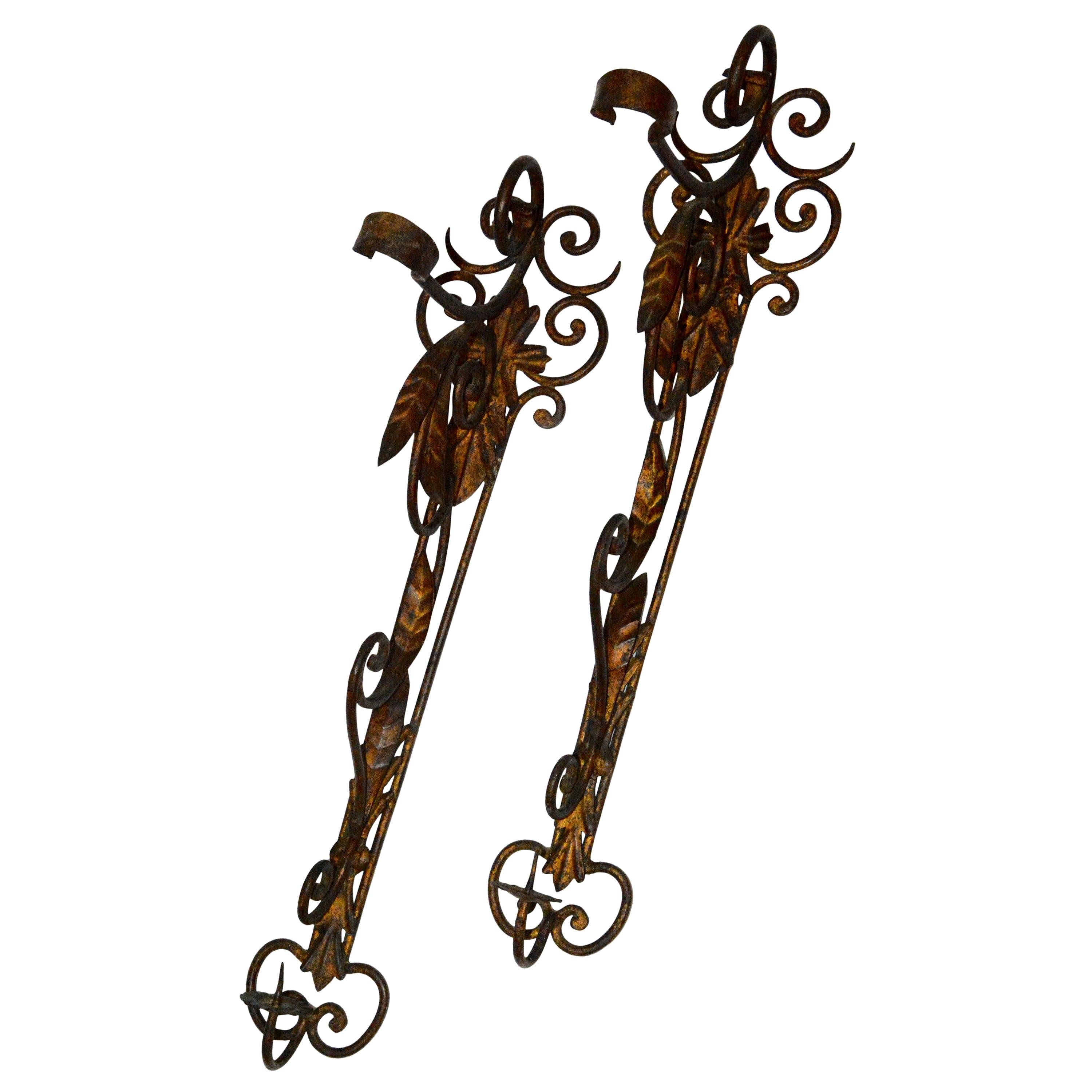 Metal Candleholder Wall Sconces with Foliate and Scrolls For Sale
