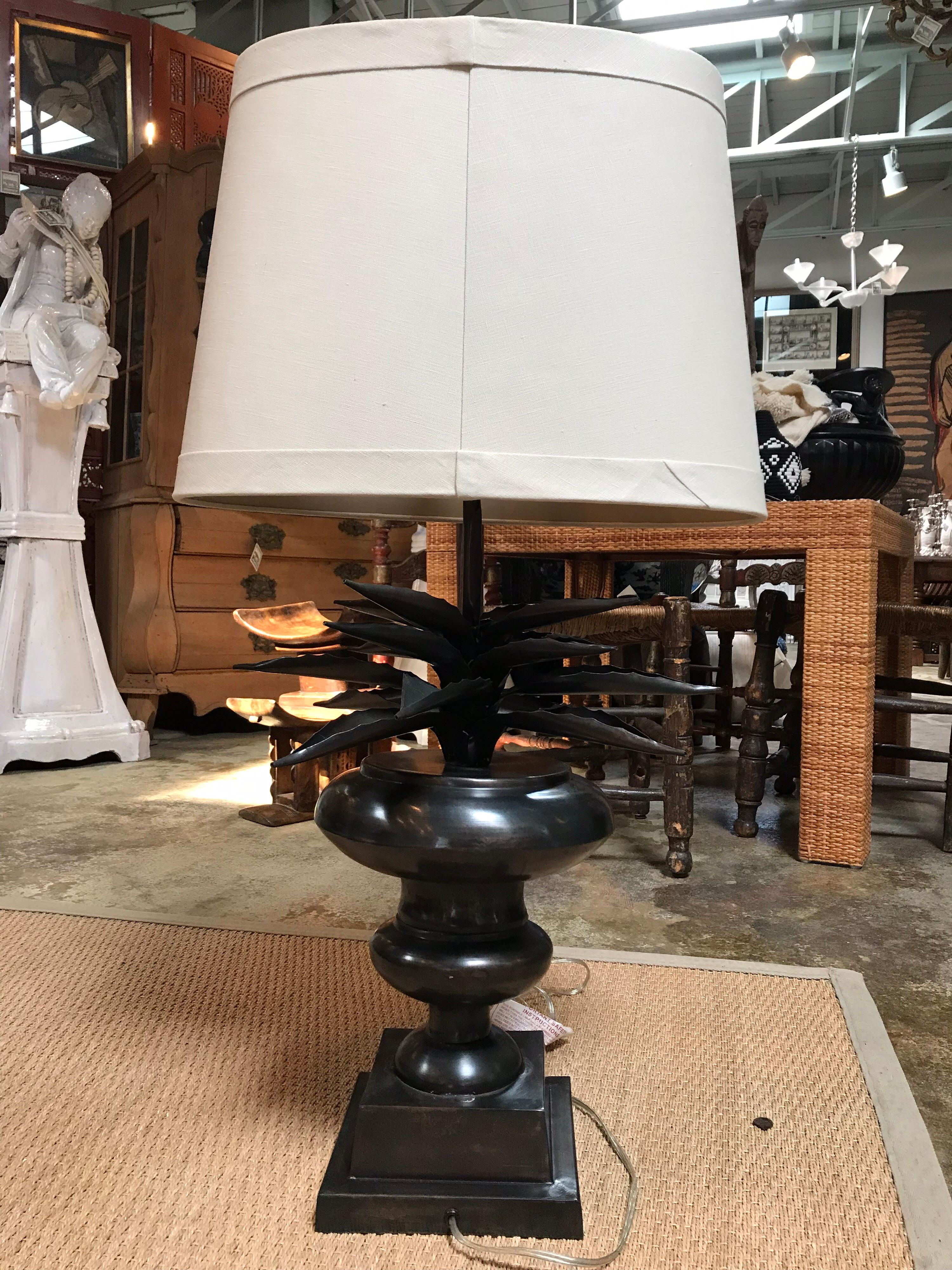 Metal Cast Agave Lamp with Shade In Good Condition For Sale In Dallas, TX