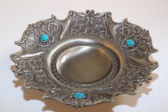 Metal Cast Silvered Platter with Turquoise Stones Inlaid