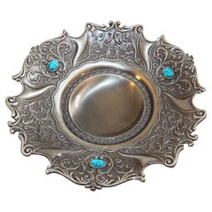 Vintage Metal Cast Silvered Platter with Turquoise Stones Inlaid