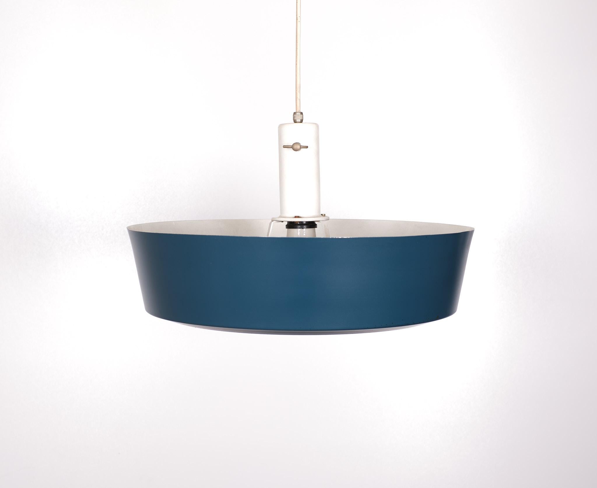 Very nice mid century chandelier. Design by J M Hoogervorst for Anvia Holland 
Beautiful Petrol Blue color. The socket is adjustable in Height. One E27 bulb 
needed. Very good condition.