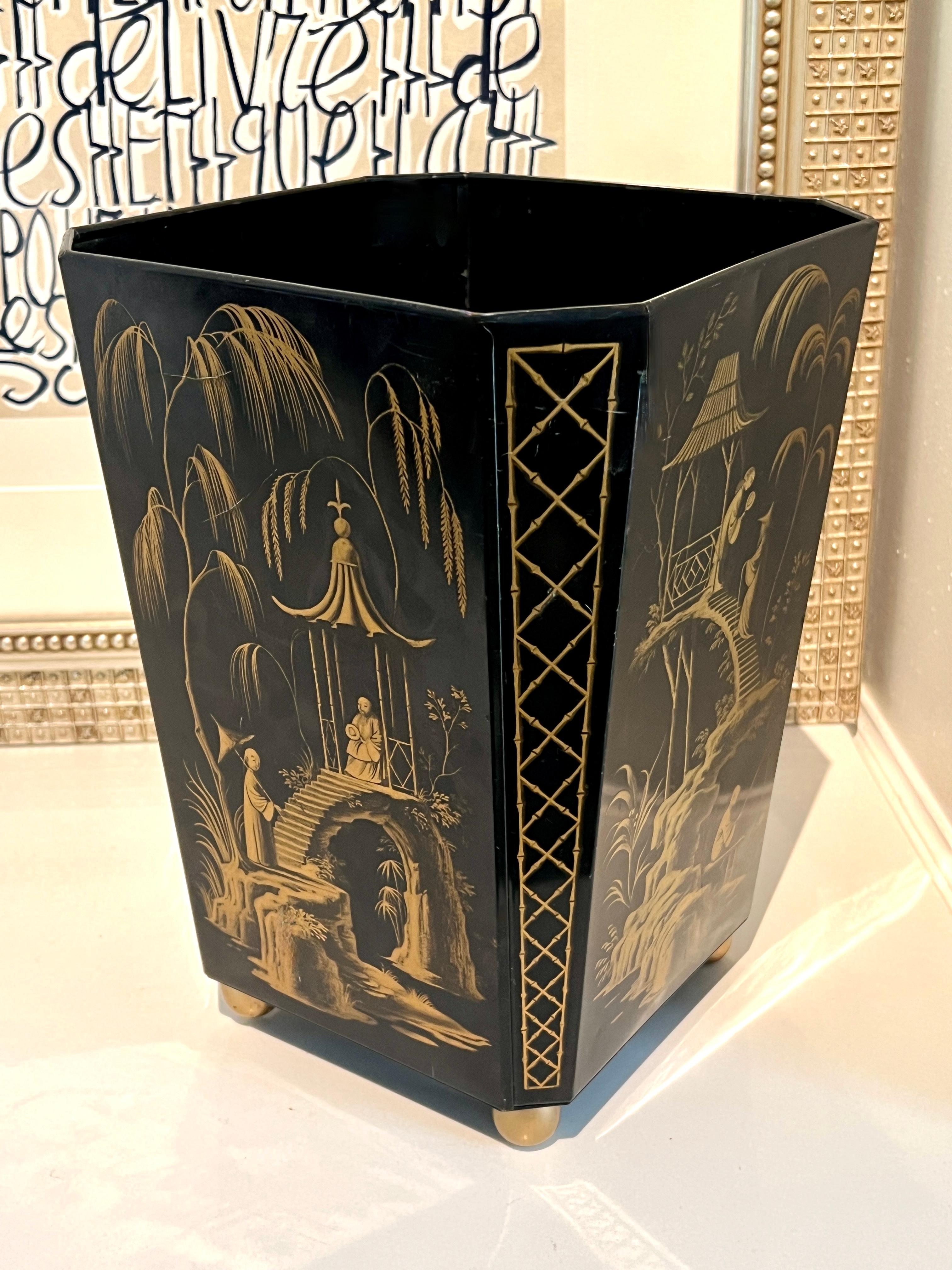 Mid-Century Modern Metal Chinoiserie Waste Can with Gold Feet