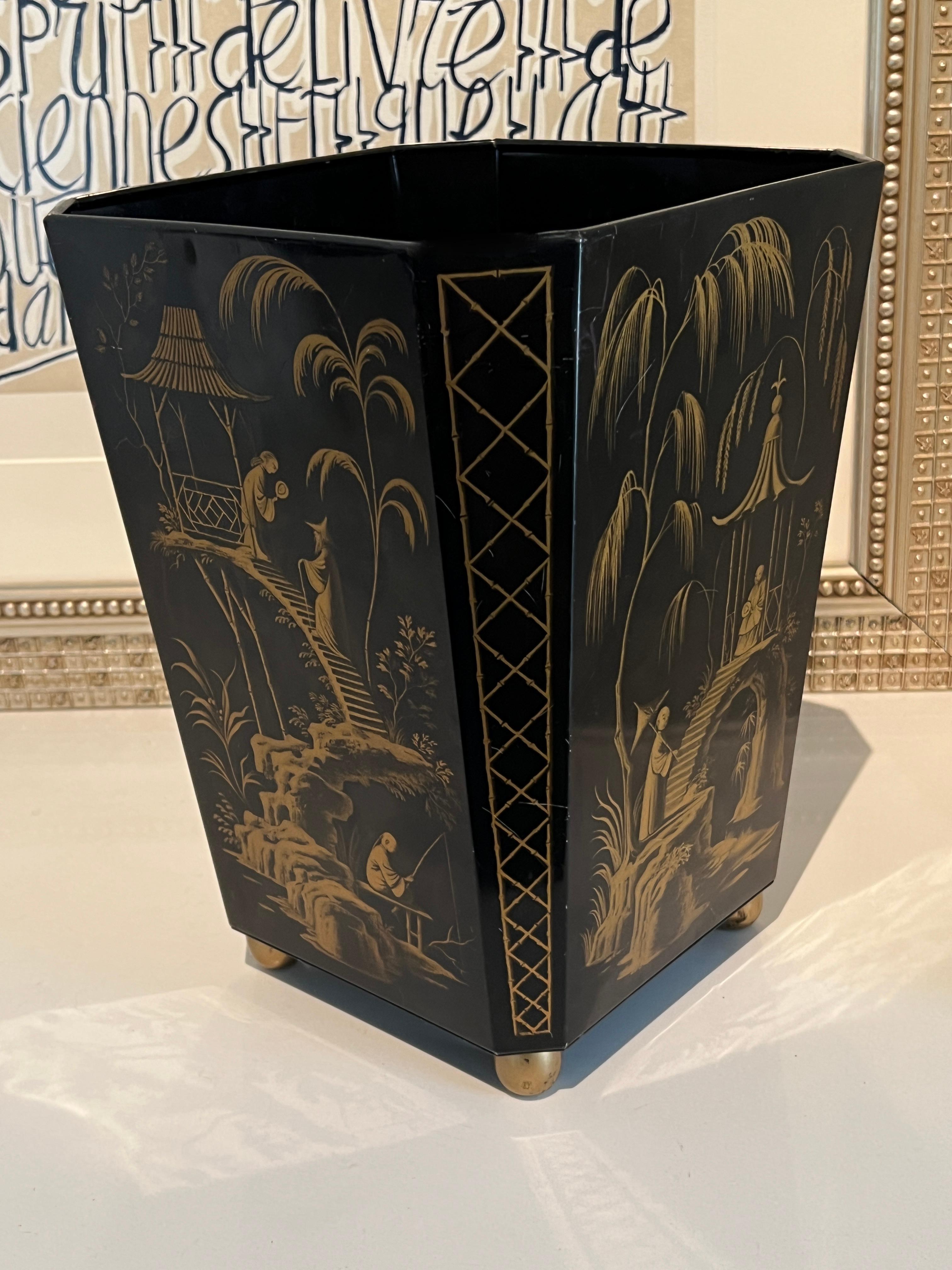 Patinated Metal Chinoiserie Waste Can with Gold Feet
