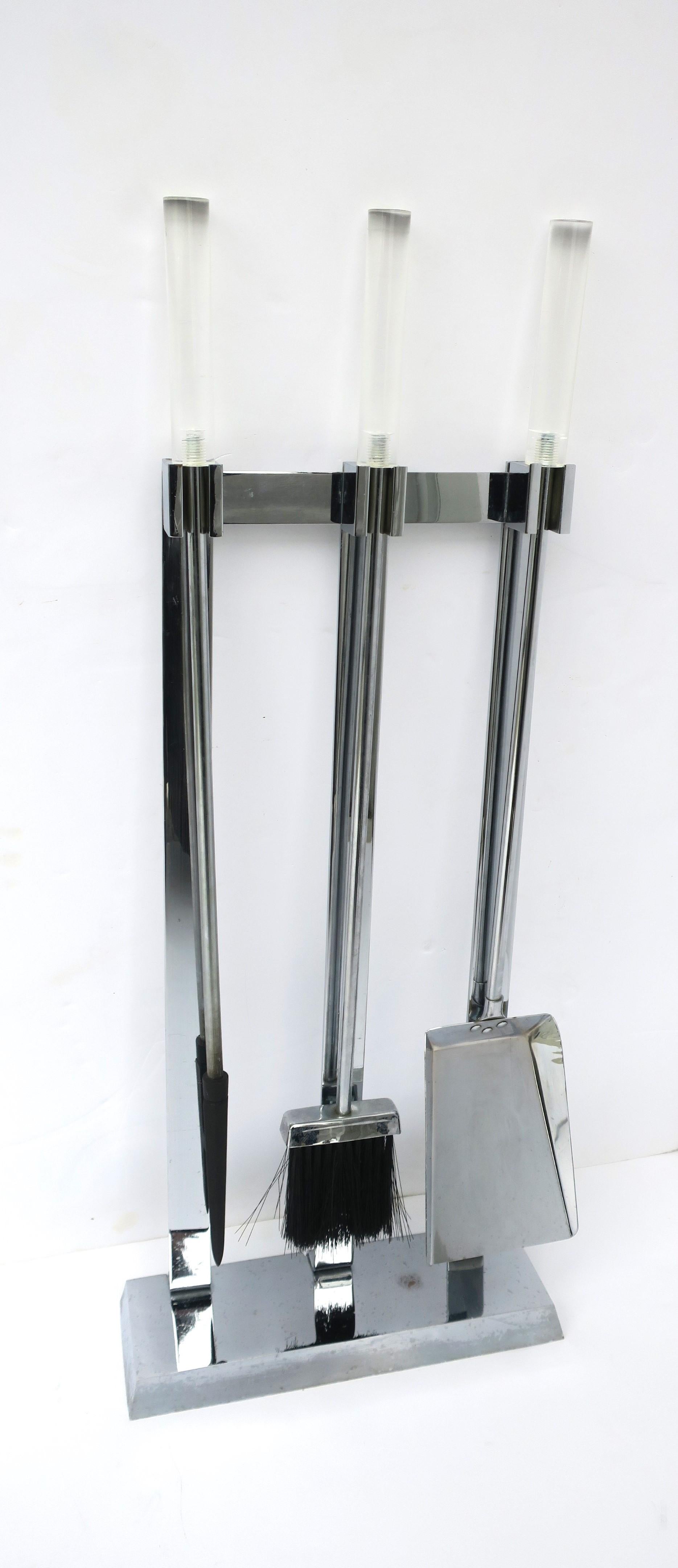 Modern Metal Chrome and Lucite Fireplace Tools, Set For Sale