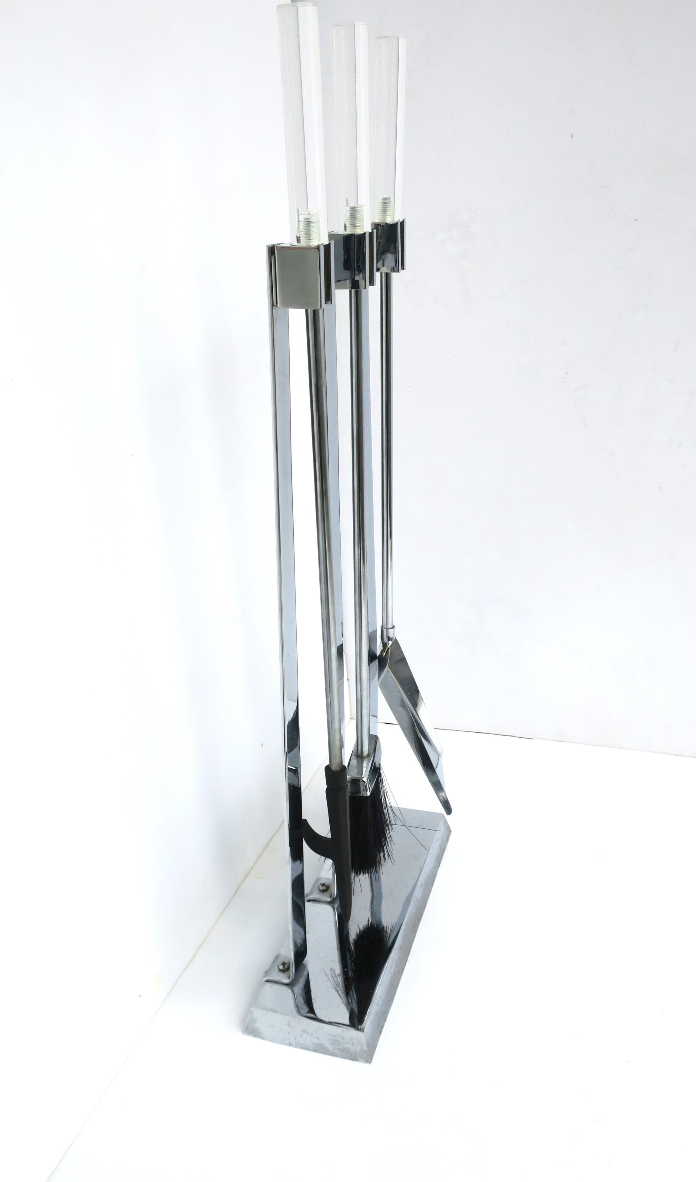 Plated Metal Chrome and Lucite Fireplace Tools, Set For Sale