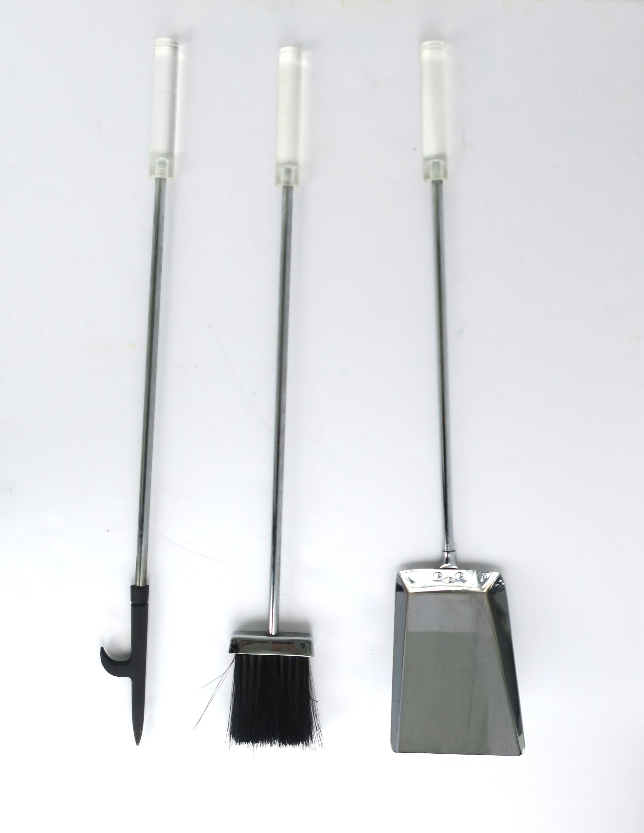 Metal Chrome and Lucite Fireplace Tools, Set For Sale 1