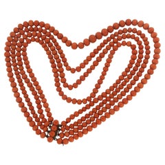 Metal clasp with coral and 4-strand coral bead necklace 40 cm long 93.7 grams
