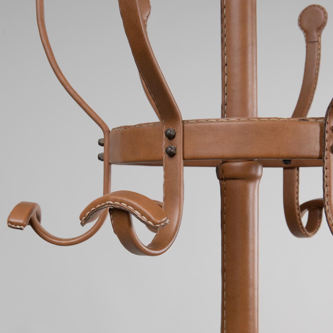 Metal Coat Rack Covered with Fawn-Colored Synthetic Leather, Jacques Adnet In Good Condition For Sale In Brussels, BE