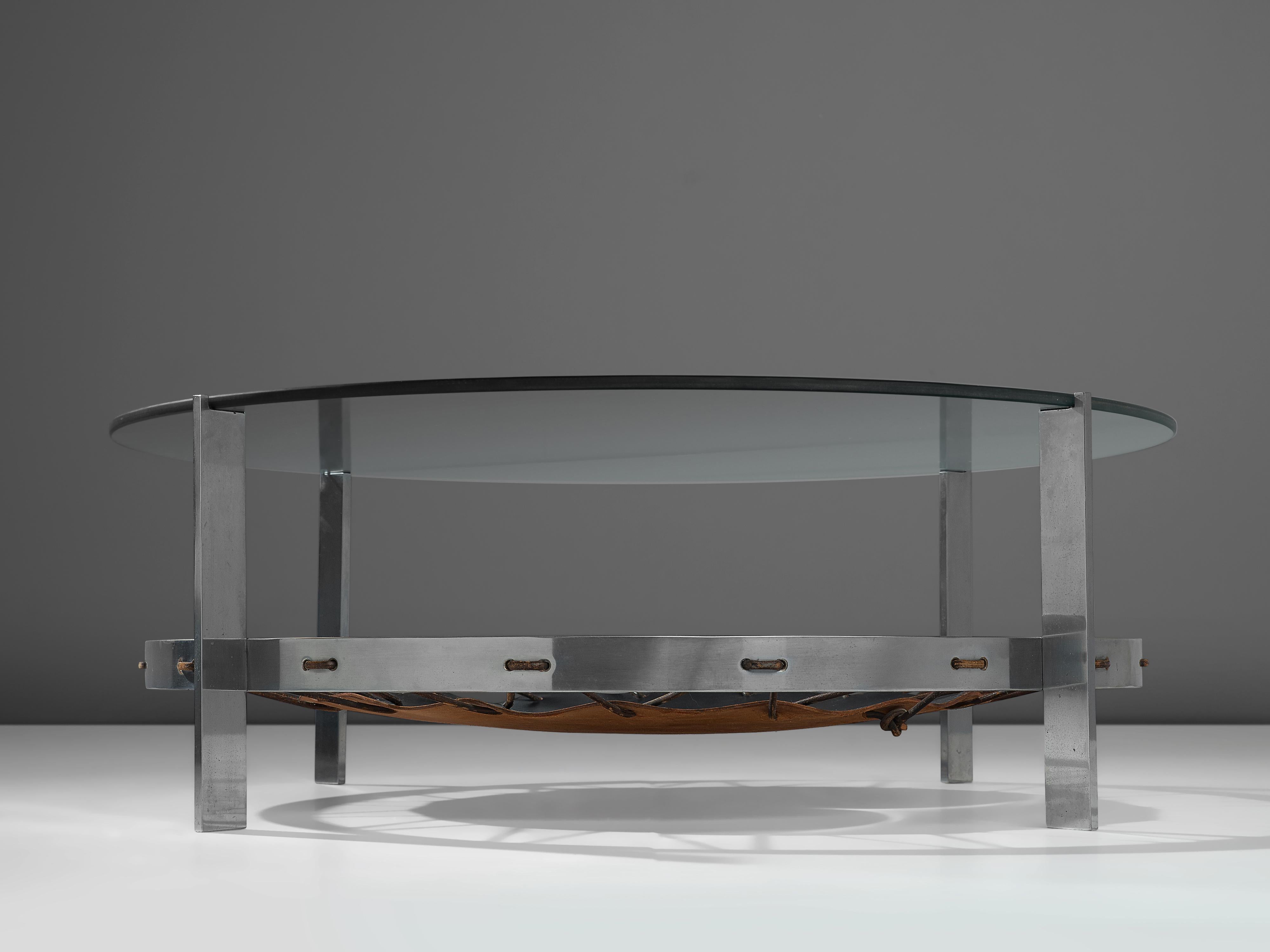 Mid-Century Modern Metal Coffee Table with Glass Top and Leather