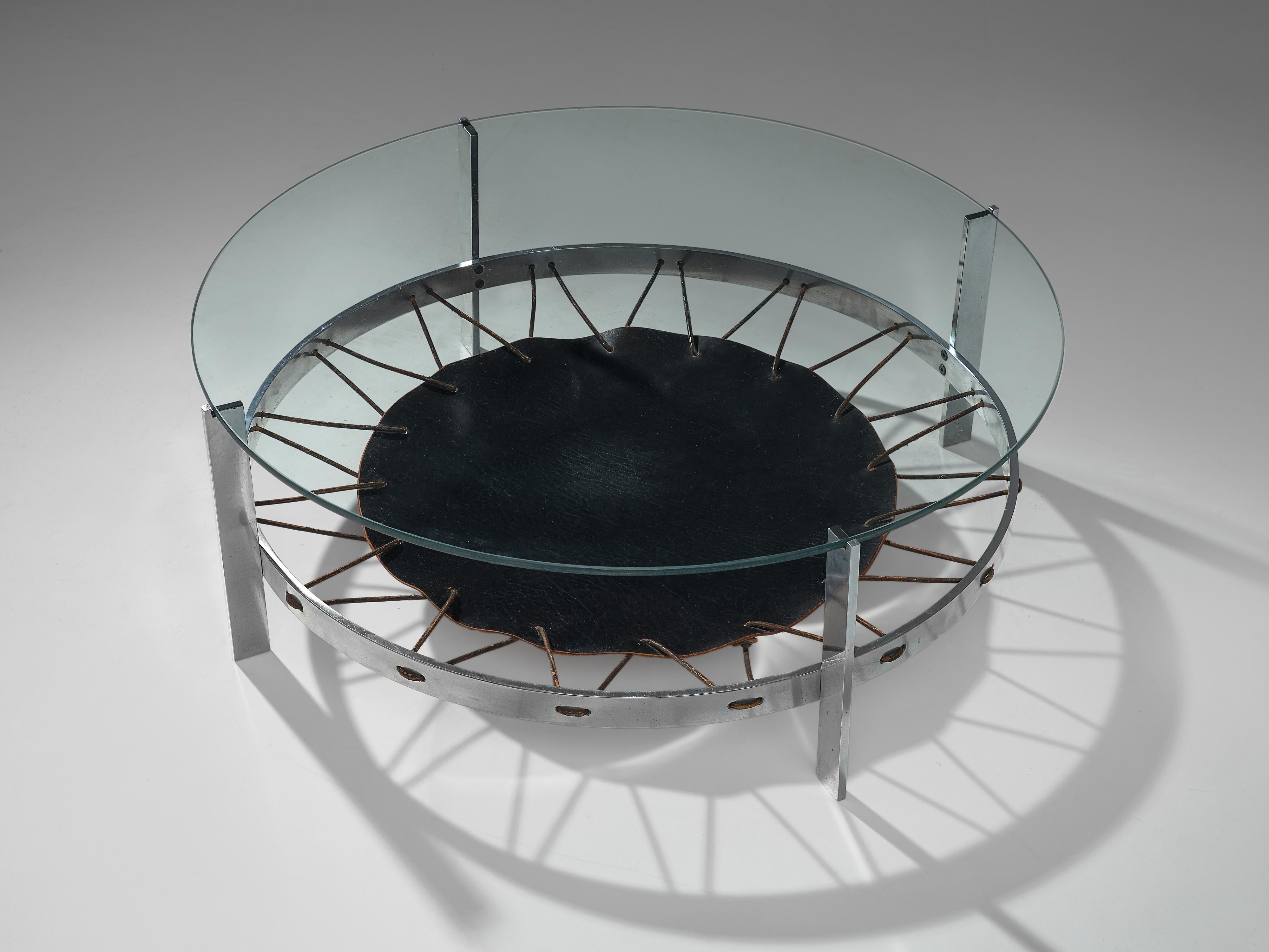 Danish Metal Coffee Table with Glass Top and Leather