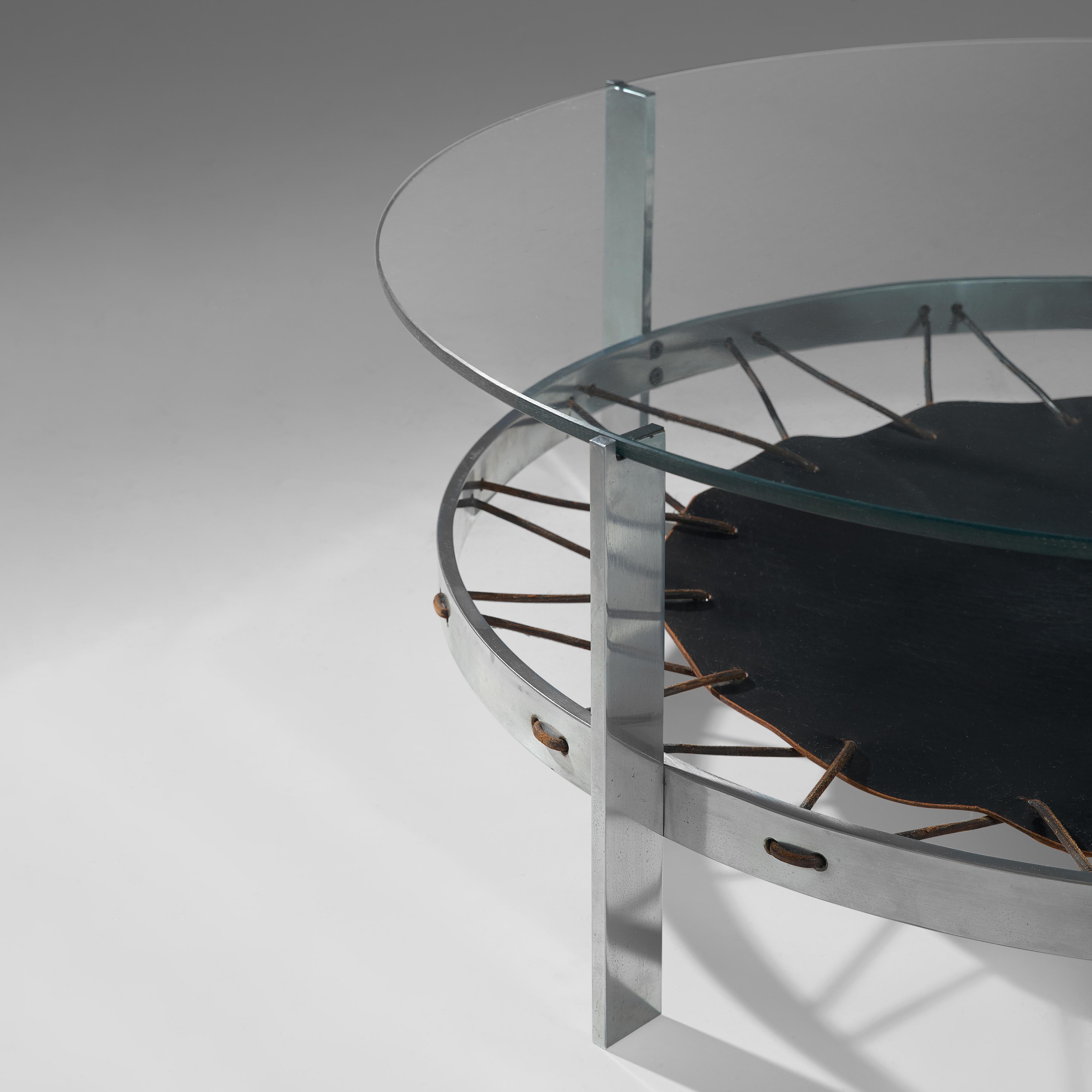 Steel Metal Coffee Table with Glass Top and Leather