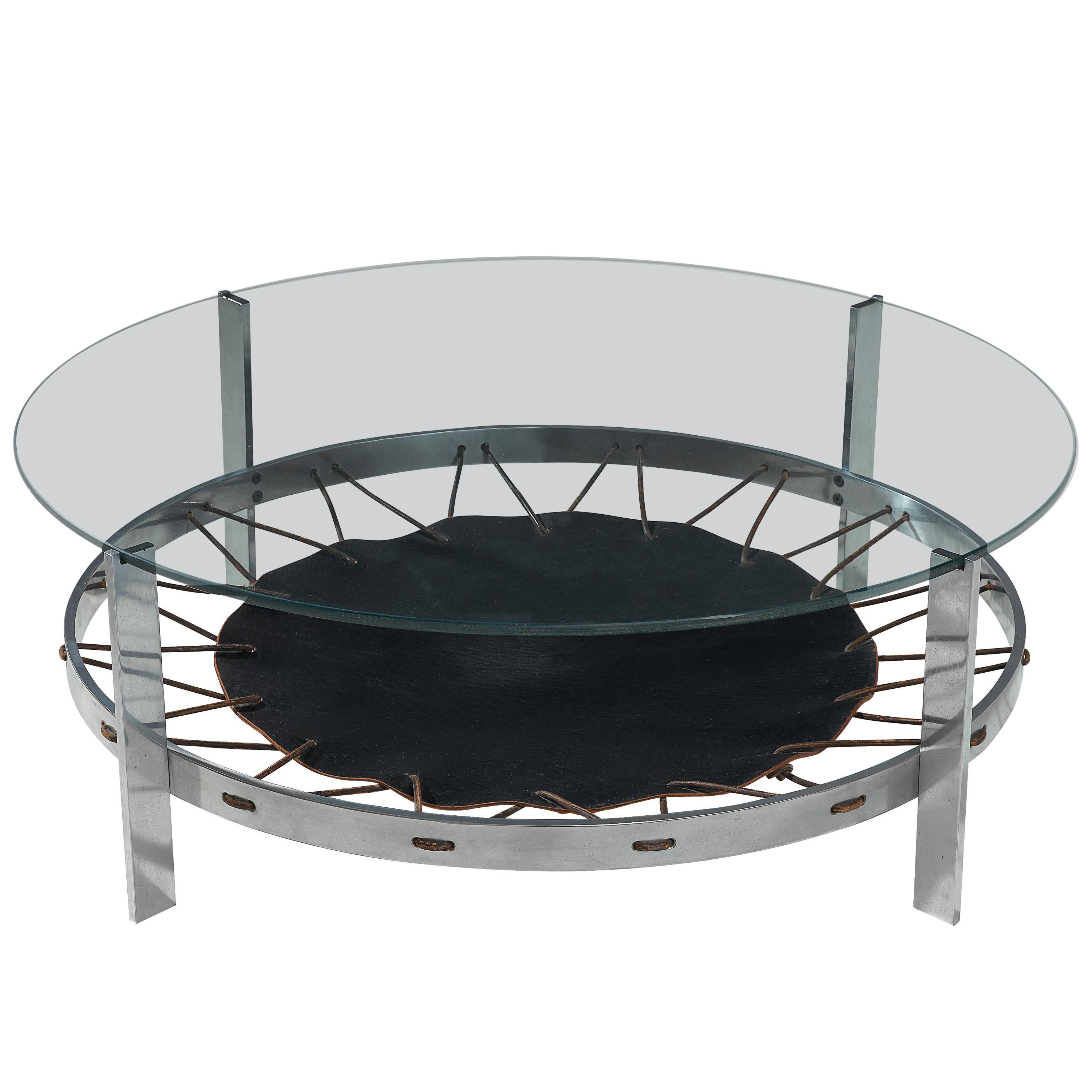 Metal Coffee Table with Glass Top and Leather