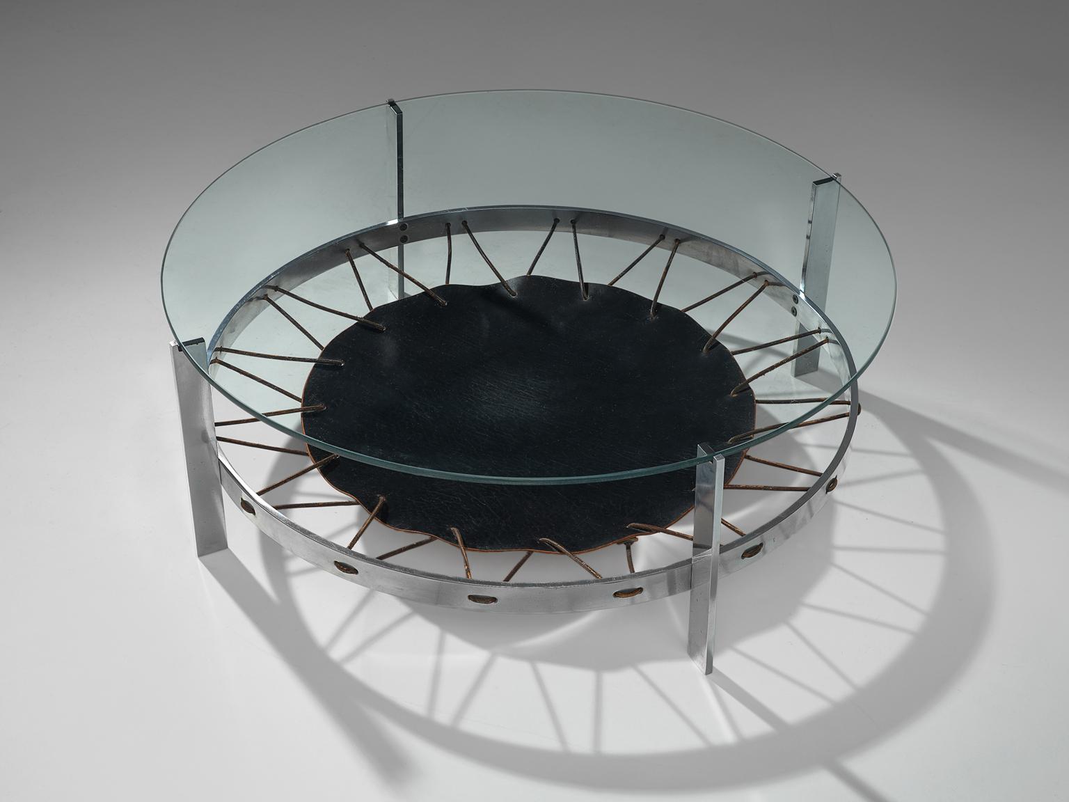 Mid-Century Modern Metal Coffee Table with Glass Top and Spanned Leather