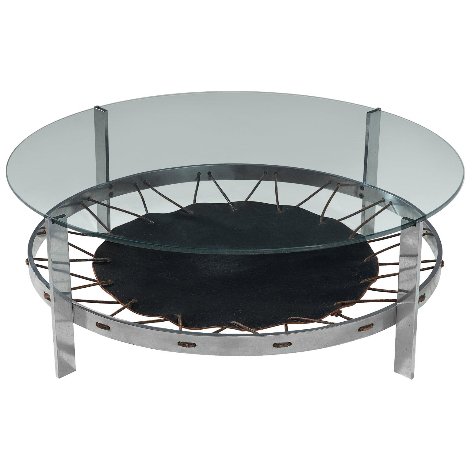 Metal Coffee Table with Glass Top and Spanned Leather