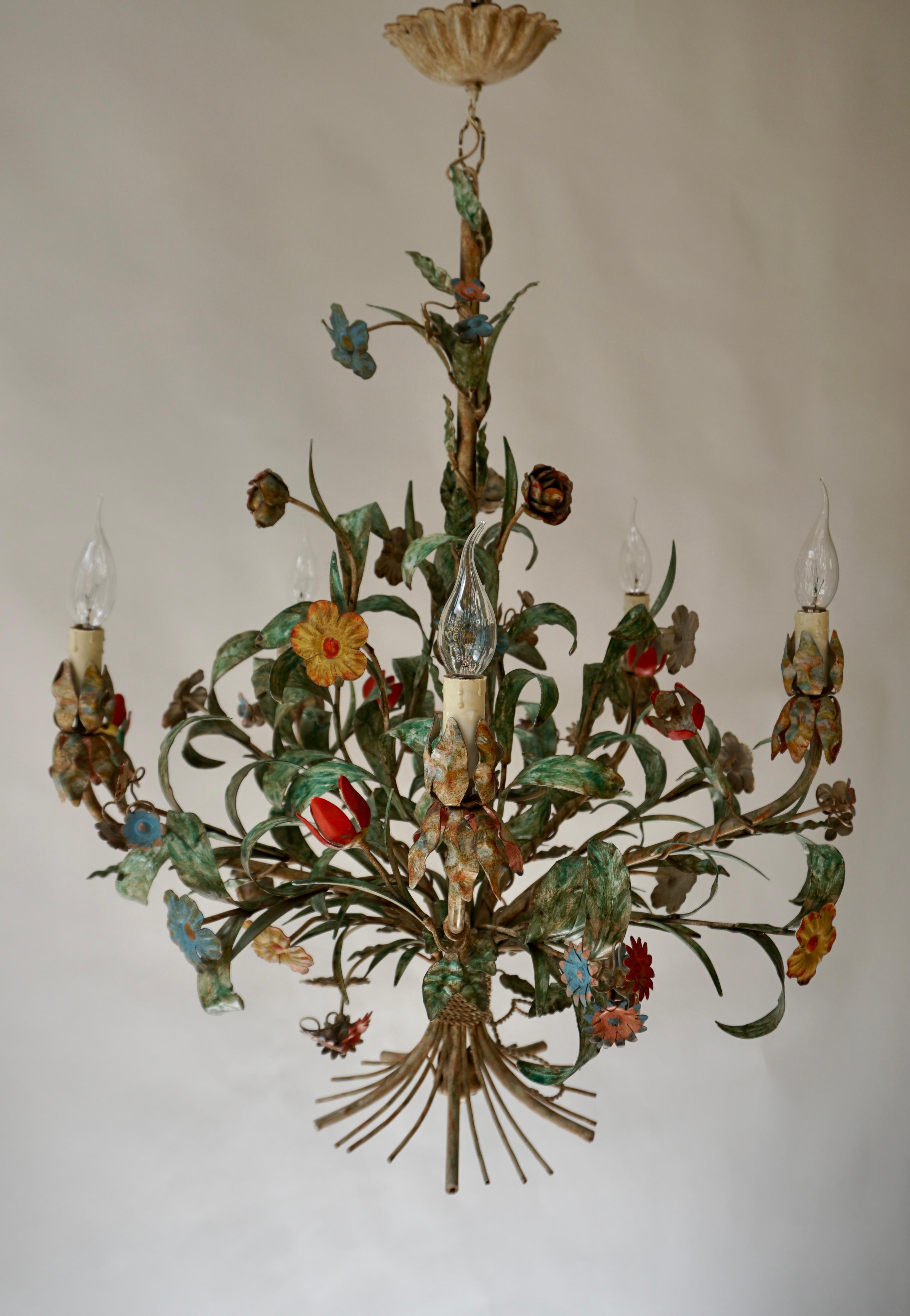 Italian Metal Colorful Hand Painted Romantic Flowers Bouquet Pendant Lamp, Italy, 1960s For Sale