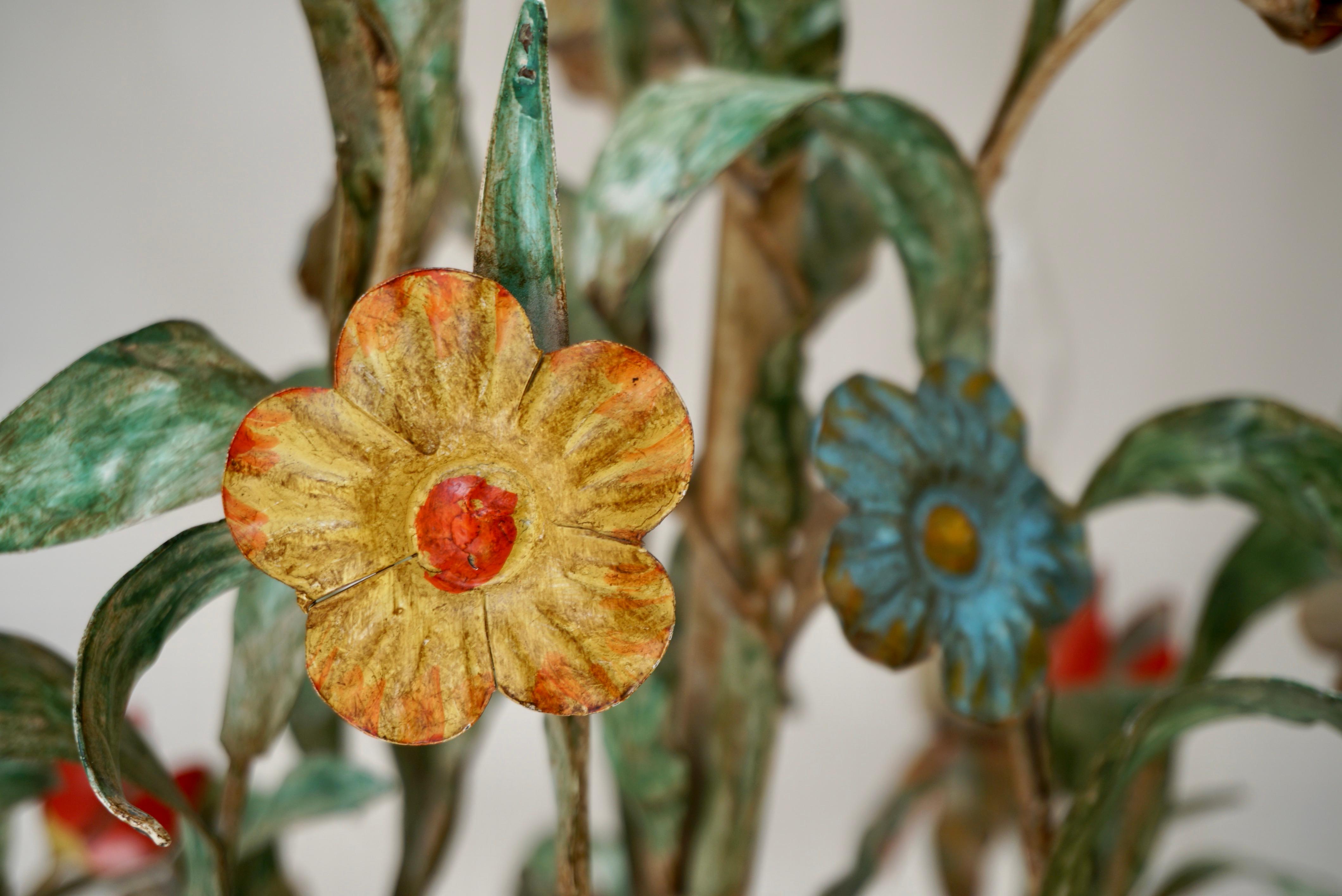 20th Century Metal Colorful Hand Painted Romantic Flowers Bouquet Pendant Lamp, Italy, 1960s