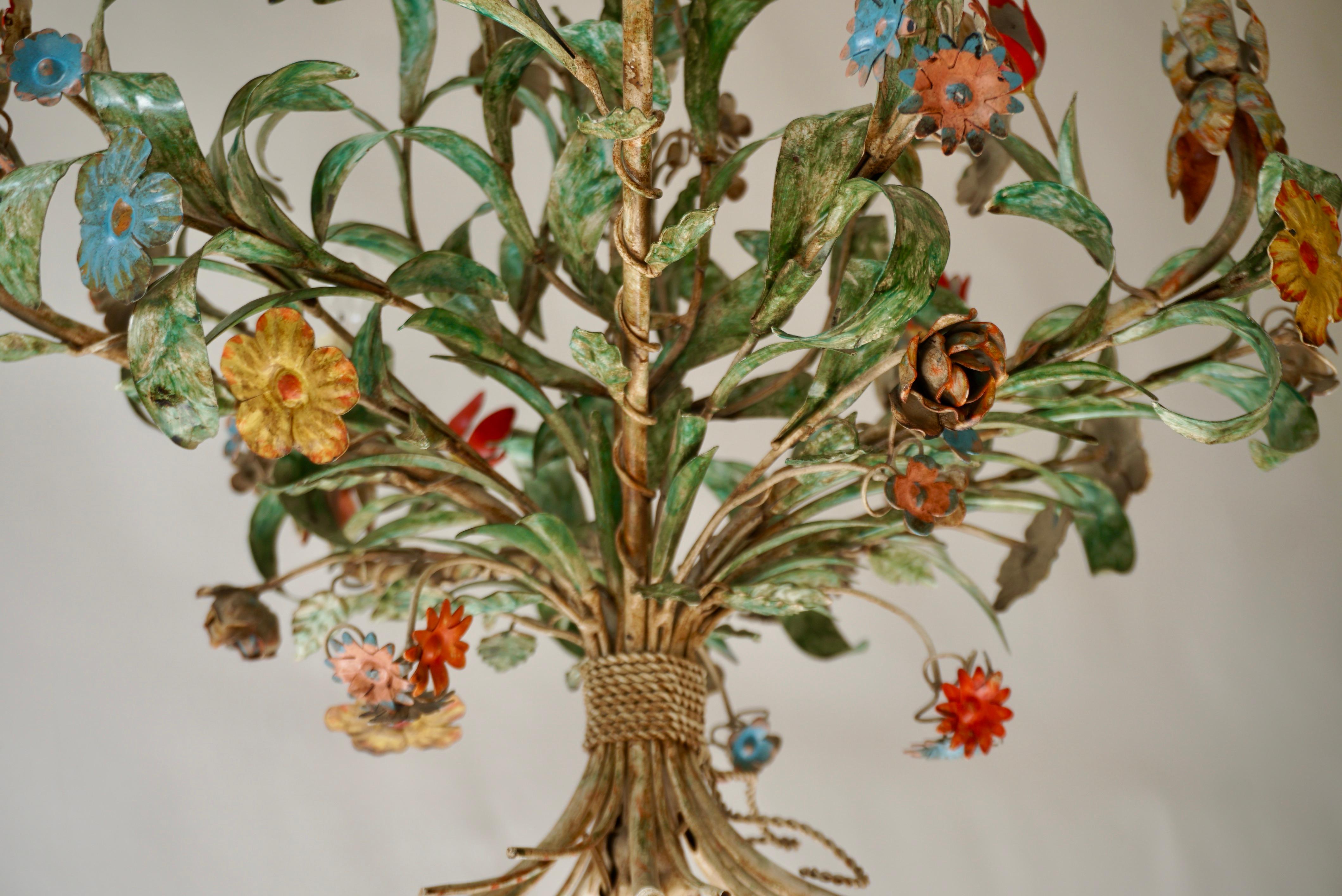 Metal Colorful Hand Painted Romantic Flowers Bouquet Pendant Lamp, Italy, 1960s For Sale 2