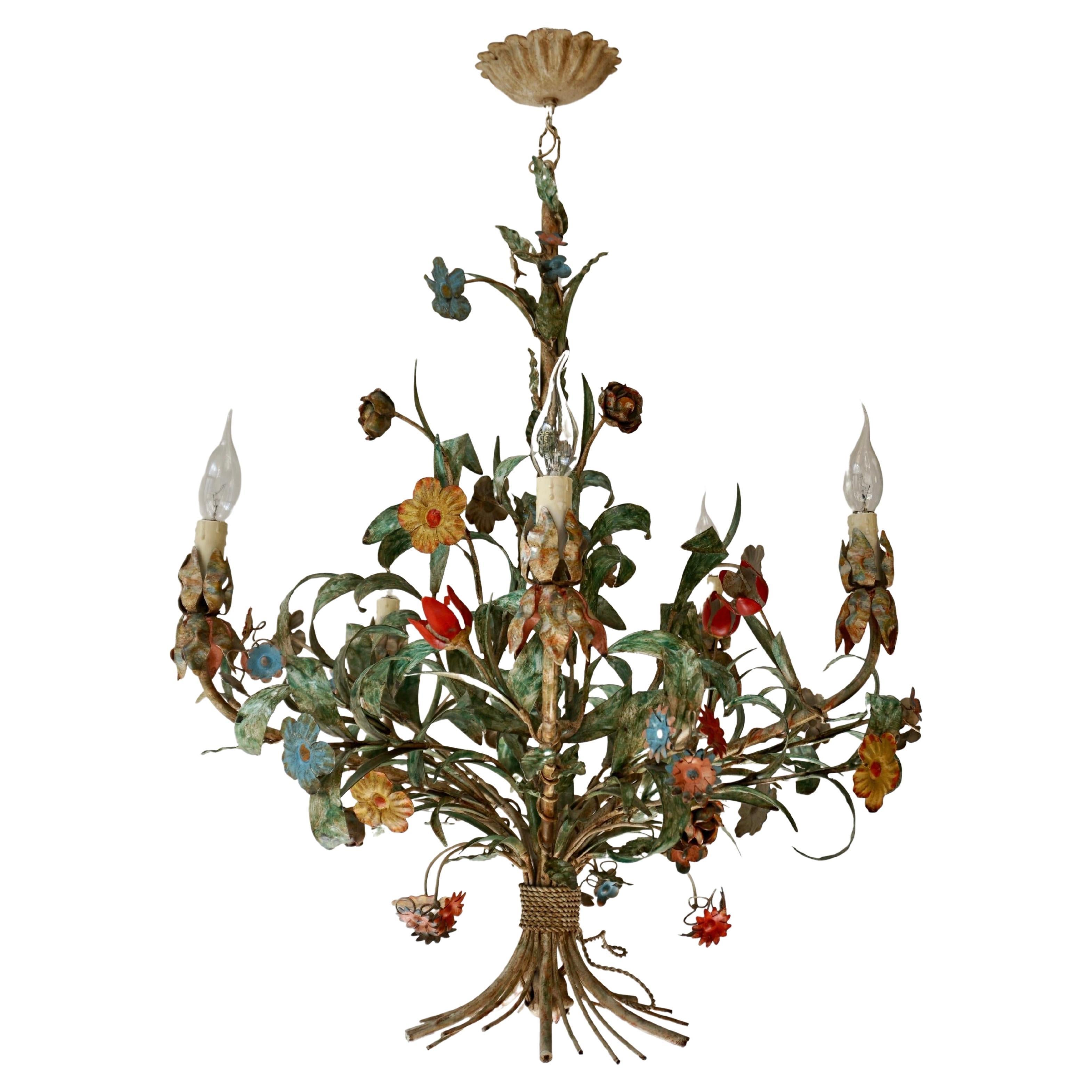 Metal Colorful Hand Painted Romantic Flowers Bouquet Pendant Lamp, Italy, 1960s For Sale