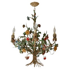 Metal Colorful Hand Painted Romantic Flowers Bouquet Pendant Lamp, Italy, 1960s