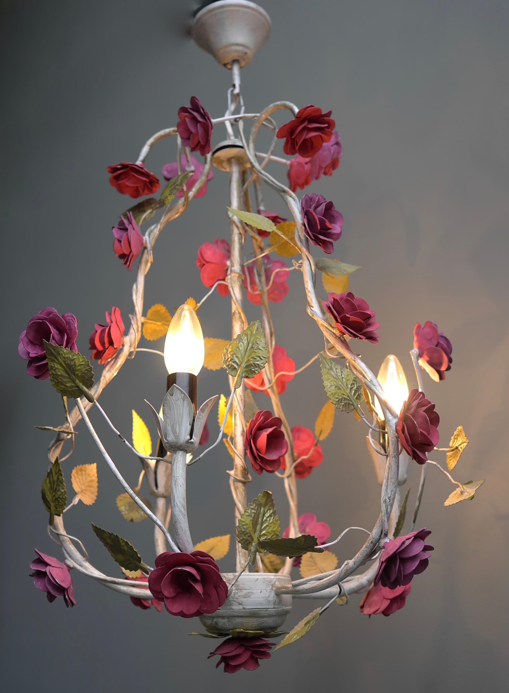 Hand-Painted Metal Colorful Hand Painted Romantic Roses Bouquet Pendant Lamp, Italy, 1960s For Sale