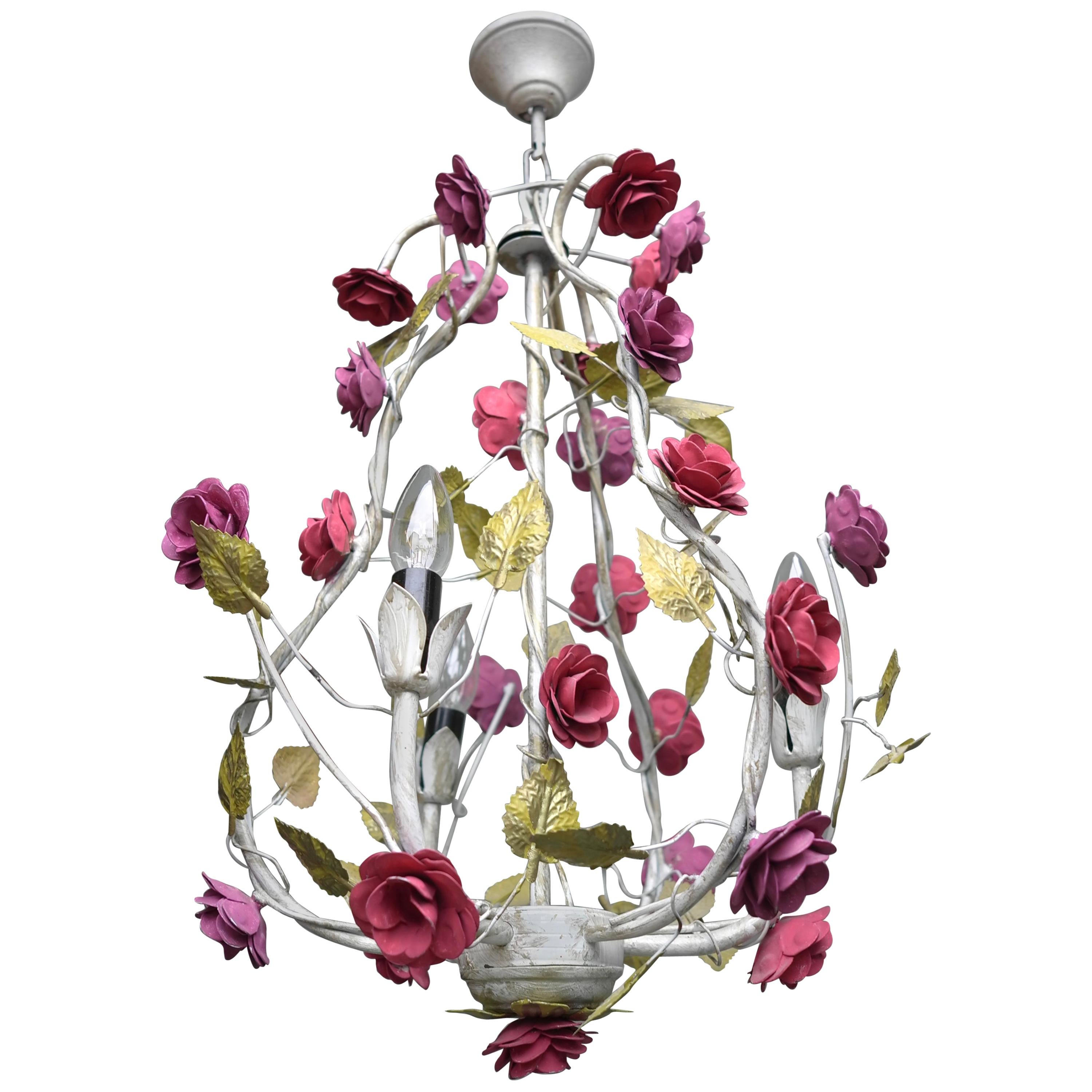 Metal Colorful Hand Painted Romantic Roses Bouquet Pendant Lamp, Italy, 1960s