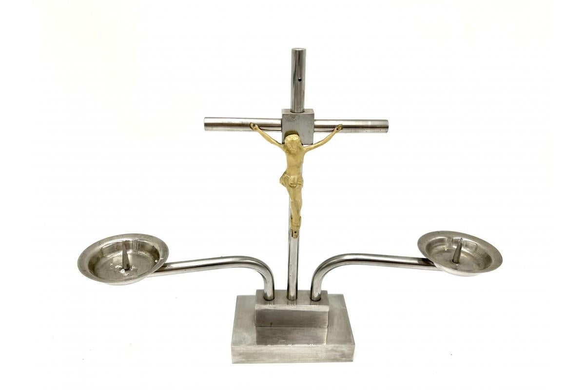 Mid-20th Century Metal Cross with Candlesticks