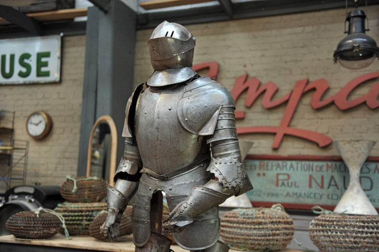 Metal Decorative Armor 1950s on His Wood Base For Sale at 1stdibs