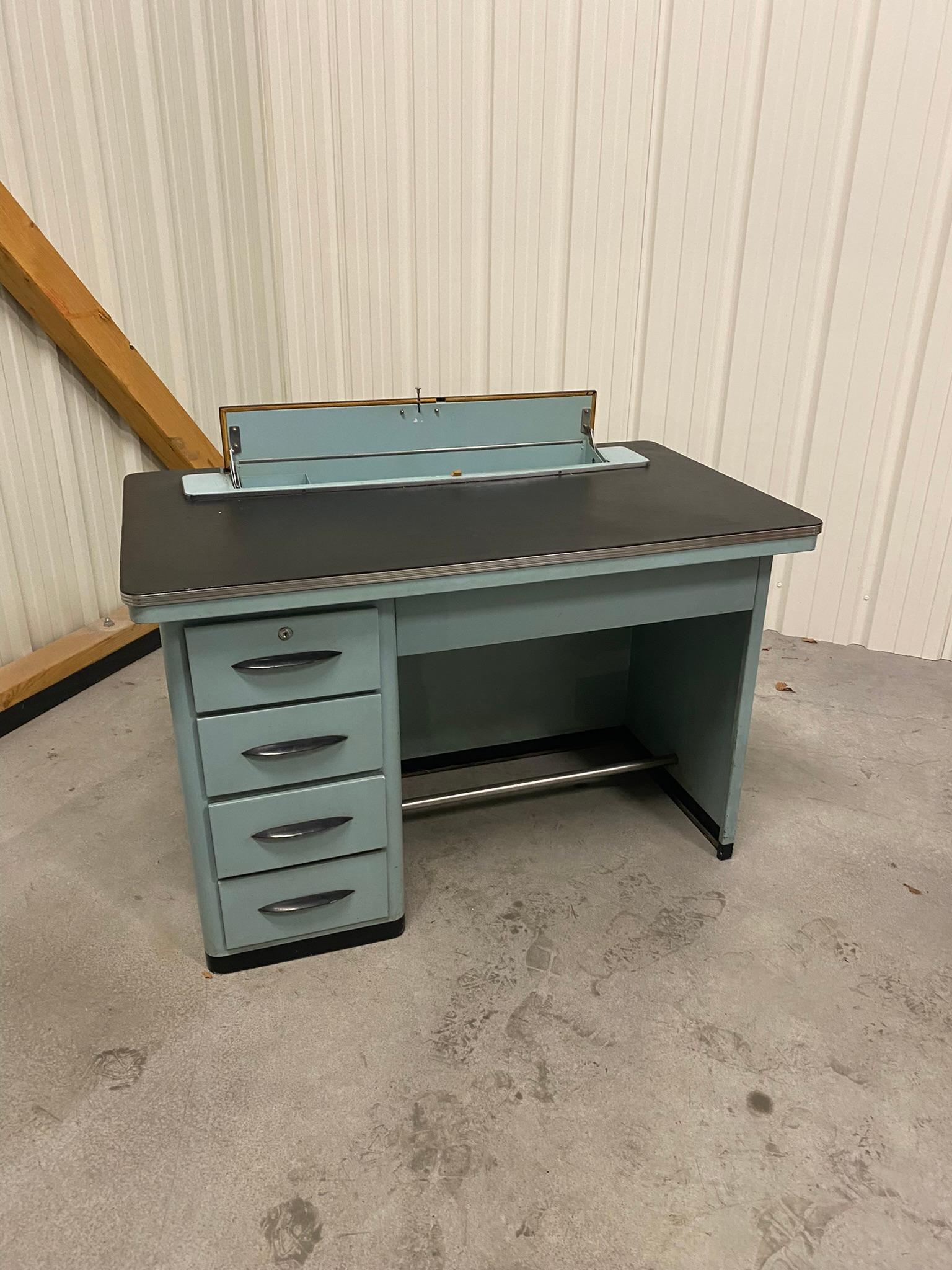 Metal Desk, Top Covered with Faux Leather, circa 1960 For Sale 1
