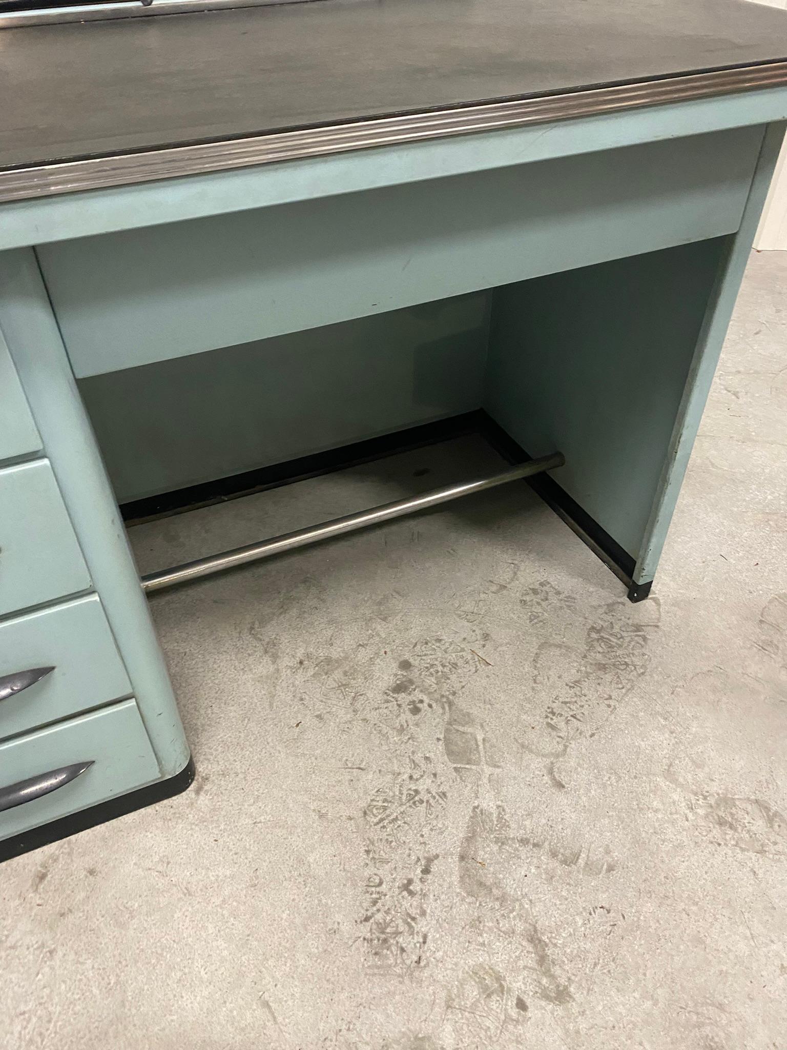 Mid-Century Modern Metal Desk, Top Covered with Faux Leather, circa 1960 For Sale