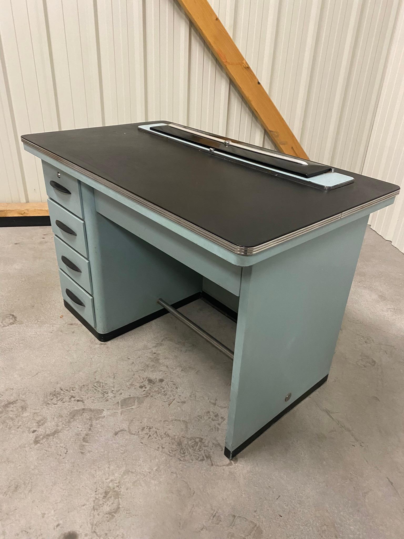 French Metal Desk, Top Covered with Faux Leather, circa 1960 For Sale