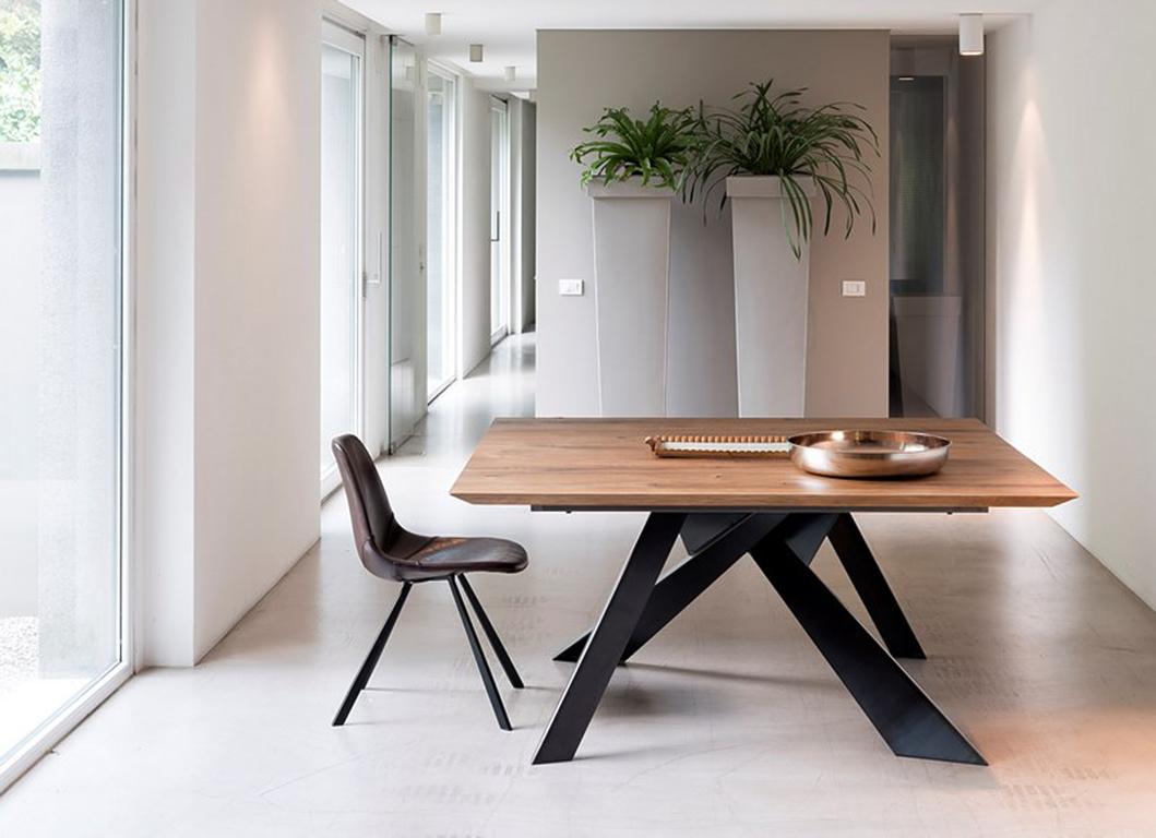 Metal dining table is an elegant contemporary addition to the living room. The laser-cut legs evokes dynamism and support a solid European oak tabletop that features a sleek 45 degree edge.

The table top, also available in a wide range of natural