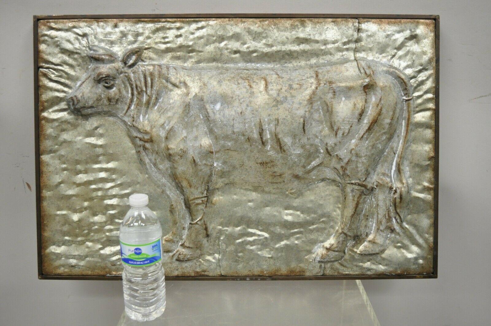 Metal Embossed Cow Wall Art Primitive Tin kitchen decor frame. Item featuers a metal frame and art ,distressed finish, very nice item, great style and form. Circa Late 20th - Early 21st Century. Measurements: 18.5