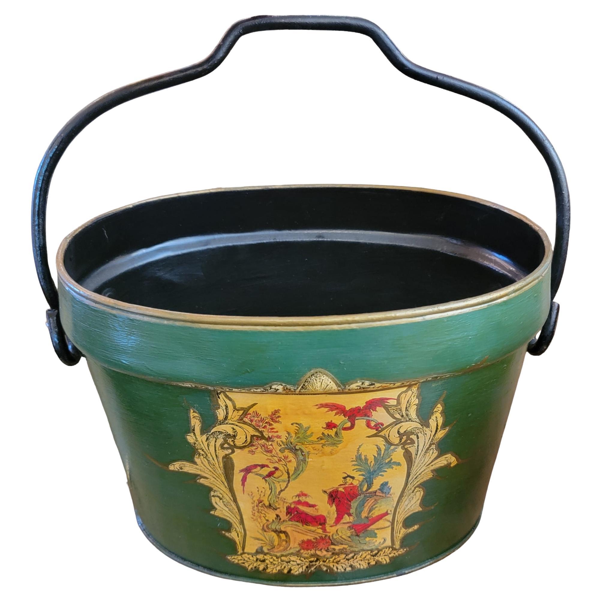 Metal English Antique Hand Painted Buckets For Sale