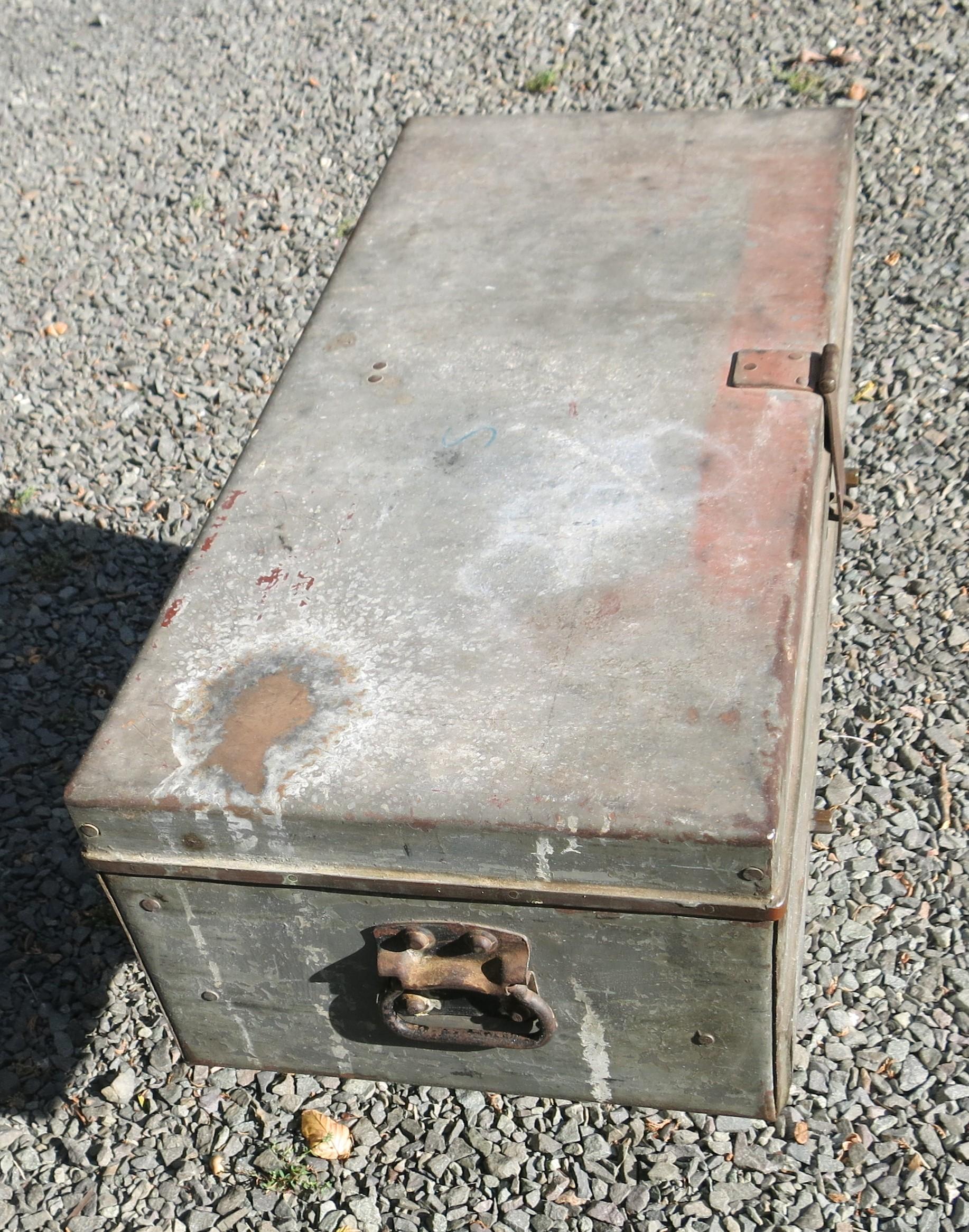 Handmade riveted metal Factory Tool Box. Extremely heavy. it is 28.25