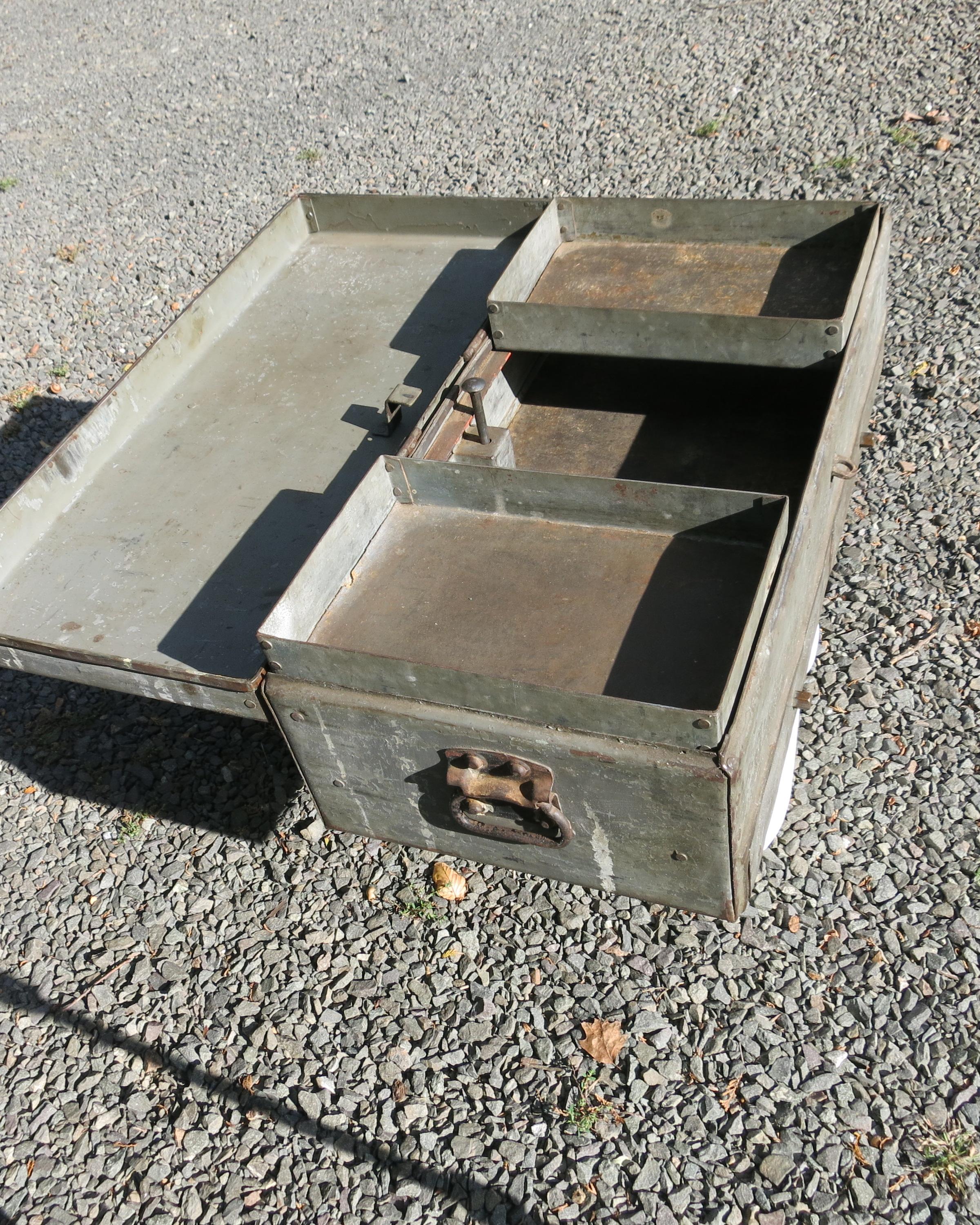 Metal Factory Tool Box In Distressed Condition For Sale In Newtown, CT