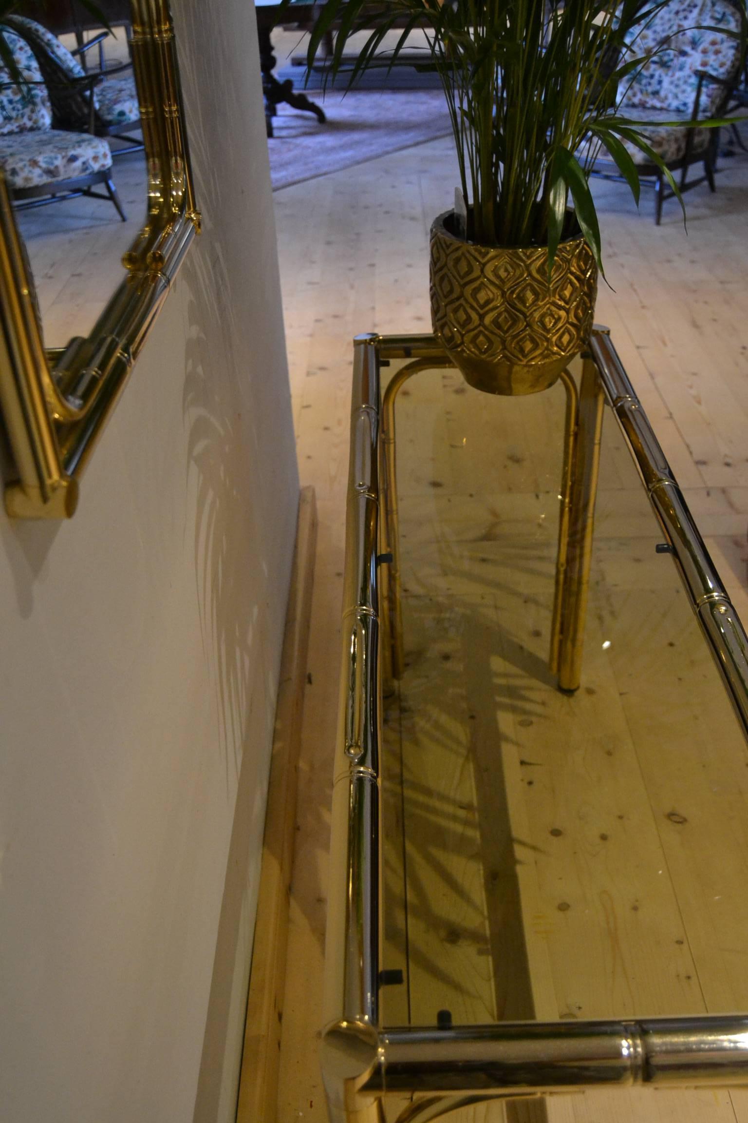 Brass Metal Faux Bamboo Set of Console Table with Mirror, Italy, 1970s