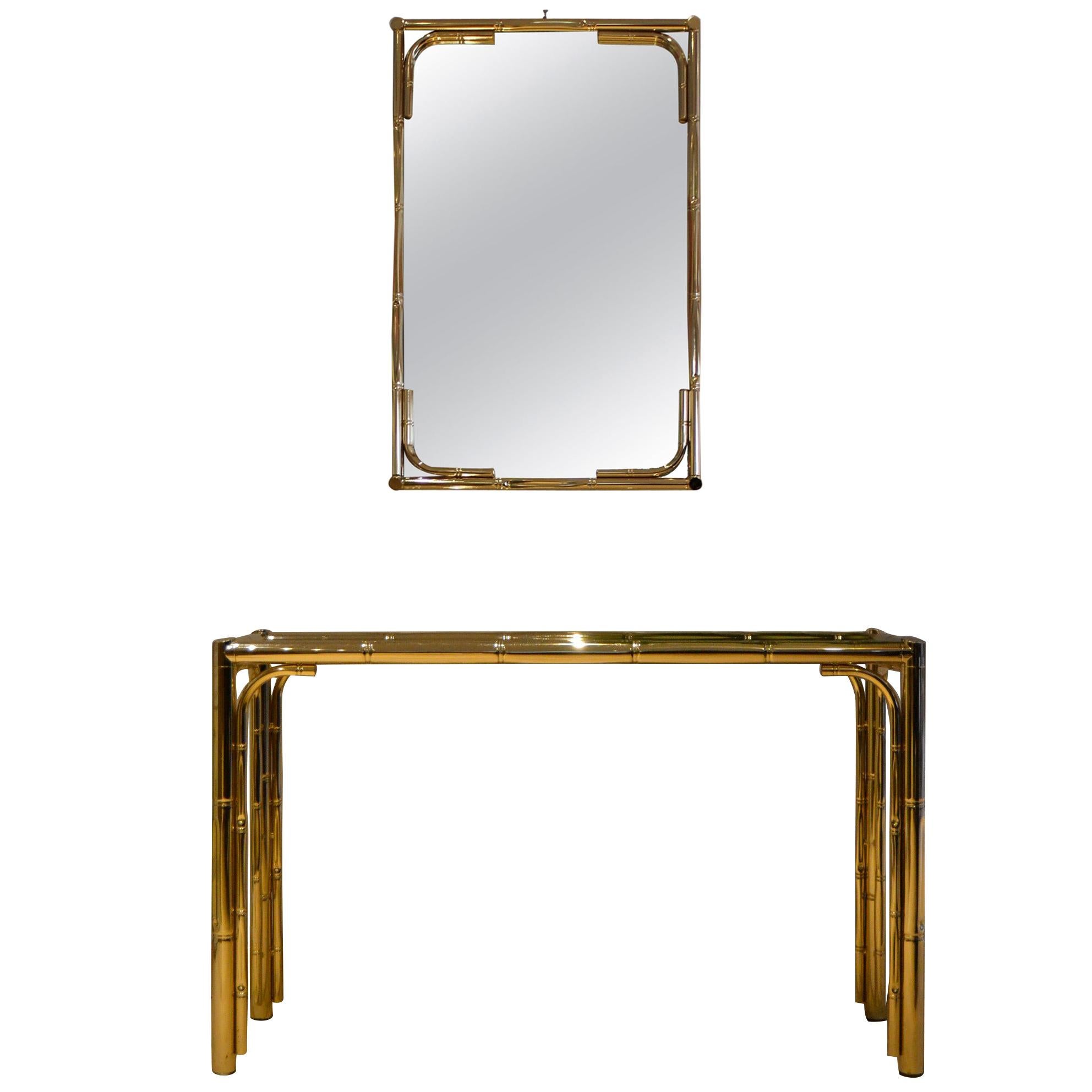 Metal Faux Bamboo Set of Console Table with Mirror, Italy, 1970s