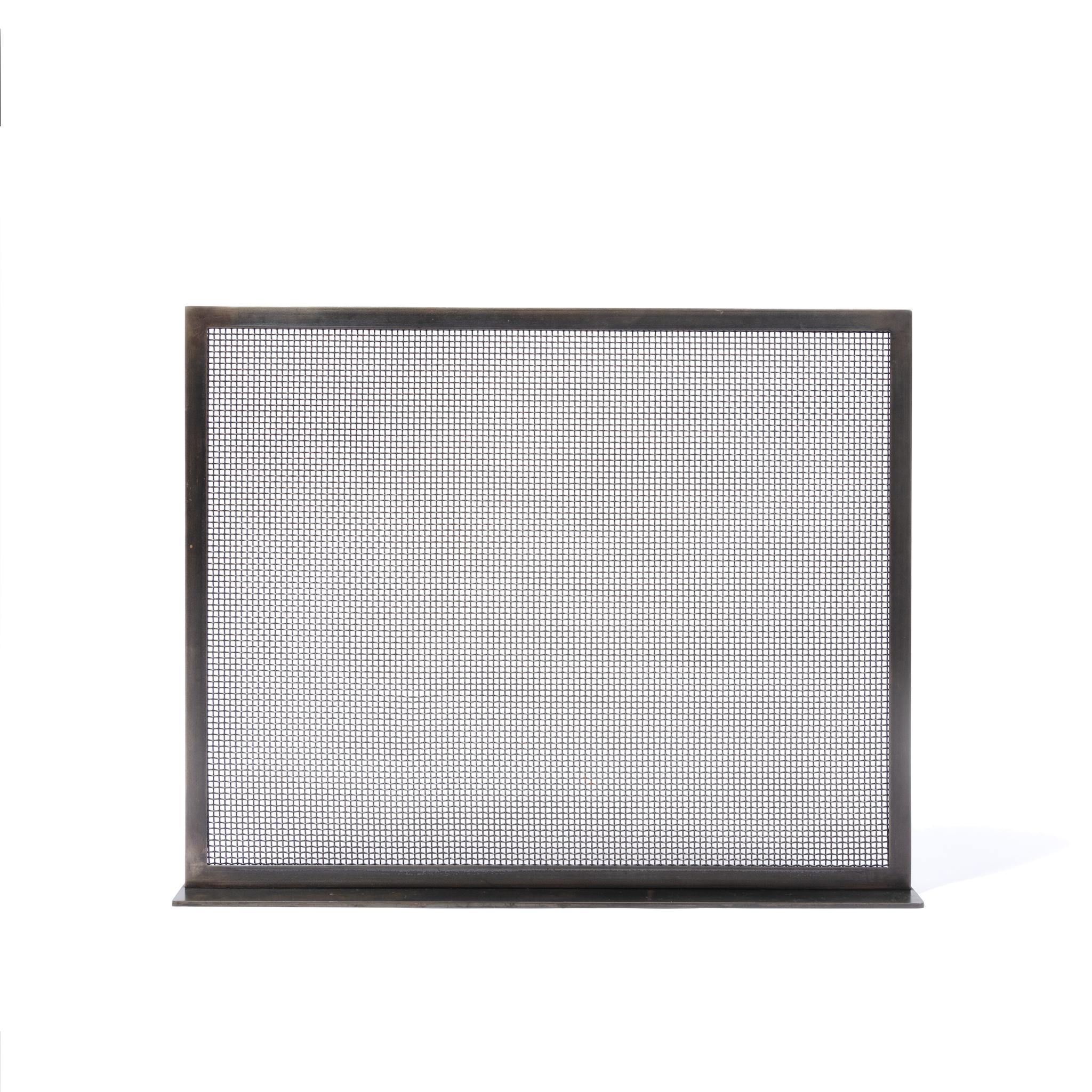 The Court Screen is a modern metal fireplace screen cover that can be used flush fitted into the fireplace opening or can stand right outside a fireplace opening. It protects from sparks and minimizes damage to stone around your fireplace. 

The