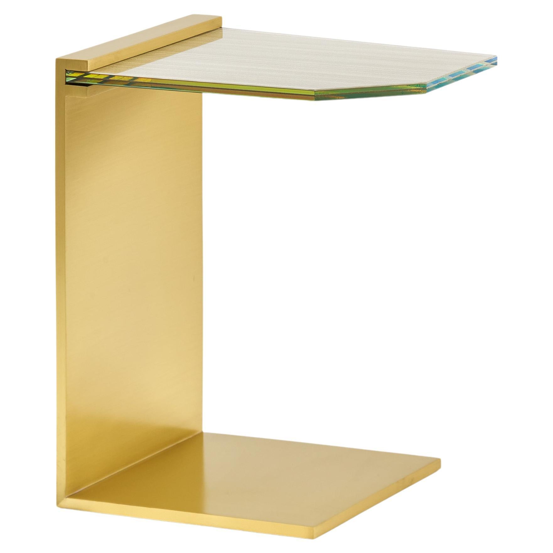 Float C Table, side table with Sophie Mallebranche woven metal glass top For Sale